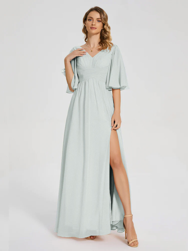 Robe Demoiselle D Honneur Celadon Demi Manches Fendue Mousseline Robes Demoiselle D'Honneur
