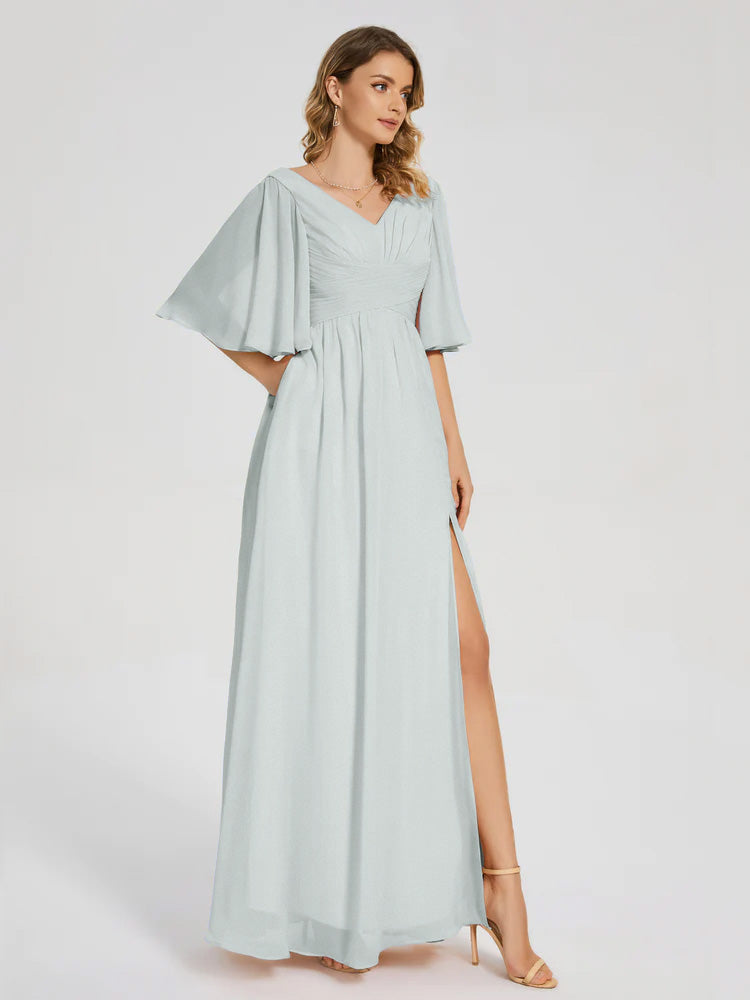 Robe Demoiselle D Honneur Celadon Demi Manches Fendue Mousseline Robes Demoiselle D'Honneur