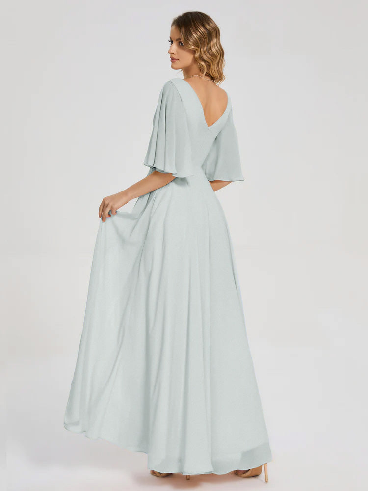 Robe Demoiselle D Honneur Celadon Demi Manches Fendue Mousseline Robes Demoiselle D'Honneur