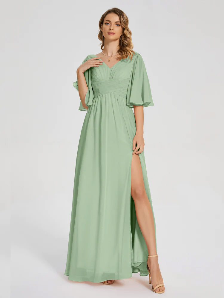 Robe Demoiselle D Honneur Sauge Poudrée Demi Manches Fendue Mousseline Robes Demoiselle D'Honneur