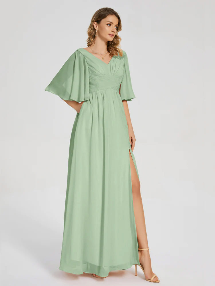 Robe Demoiselle D Honneur Sauge Poudrée Demi Manches Fendue Mousseline Robes Demoiselle D'Honneur