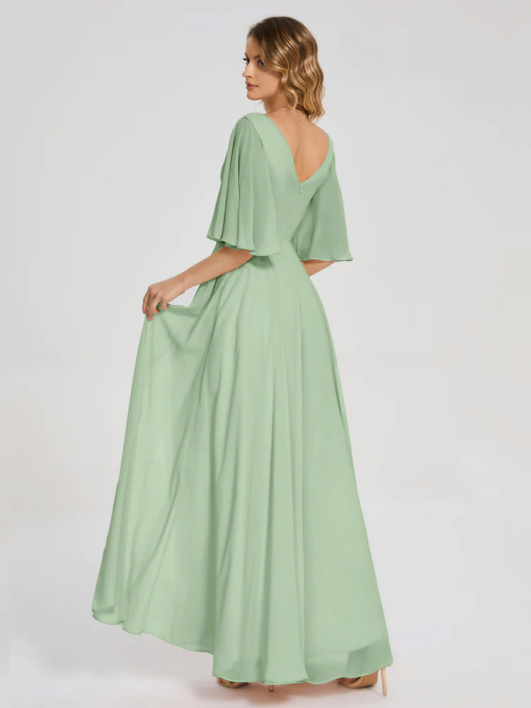 Robe Demoiselle D Honneur Sauge Poudrée Demi Manches Fendue Mousseline Robes Demoiselle D'Honneur
