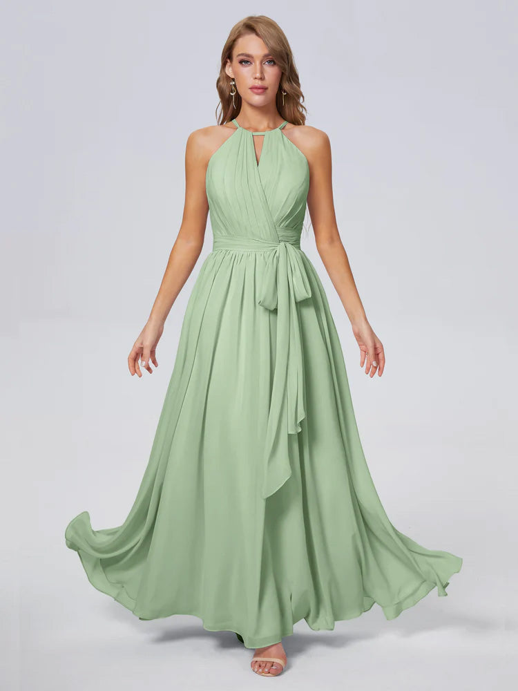 Robe De Demoiselle D'Honneur En Mousseline De Sauge Poussiéreuse Brillante Licou Mousseline