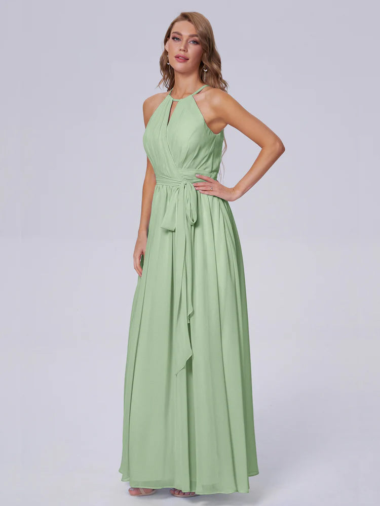 Robe De Demoiselle D'Honneur En Mousseline De Sauge Poussiéreuse Brillante Licou Mousseline