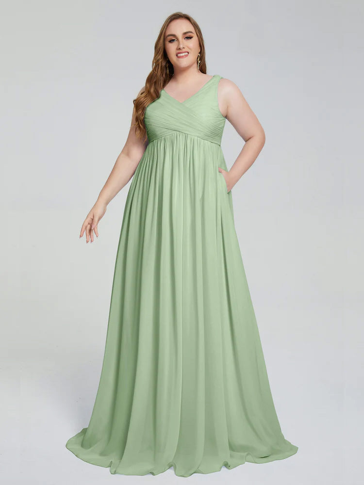 Robes De Demoiselle D'Honneur Couleur Sauge Poussiéreuse Bretelles Col V Mousseline Robes Demoiselle D'Honneur Grande Taille