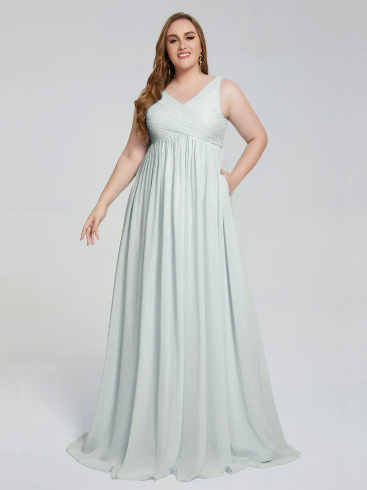 Robes De Demoiselle D'Honneur Celadon Trapèze Col V Bretelle Mousseline Robes Demoiselle D'Honneur