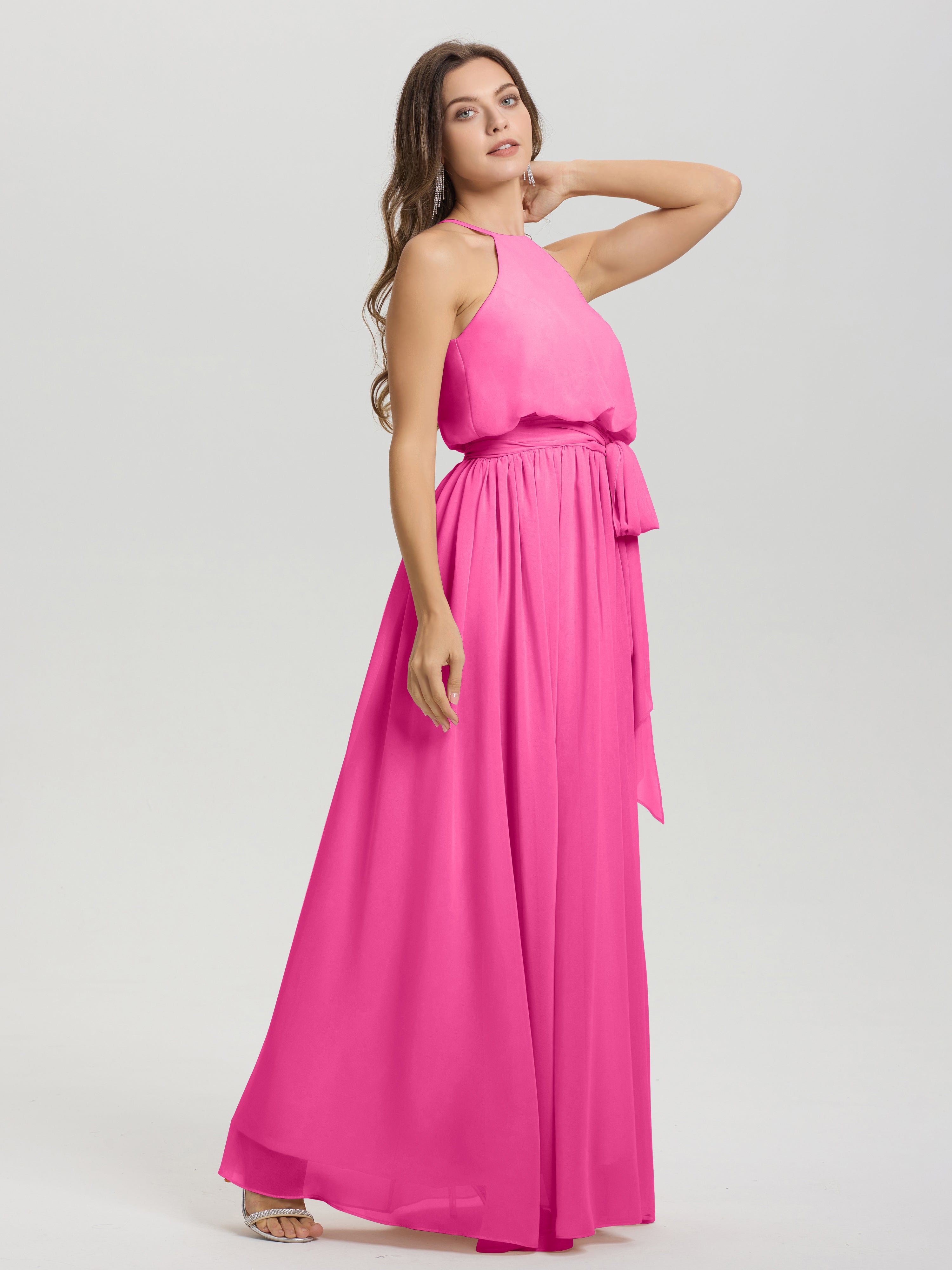 Robe Demoiselle D Honneur En Azalée Licou Trapèze Mousseline Robe Demoiselle D'Honneur