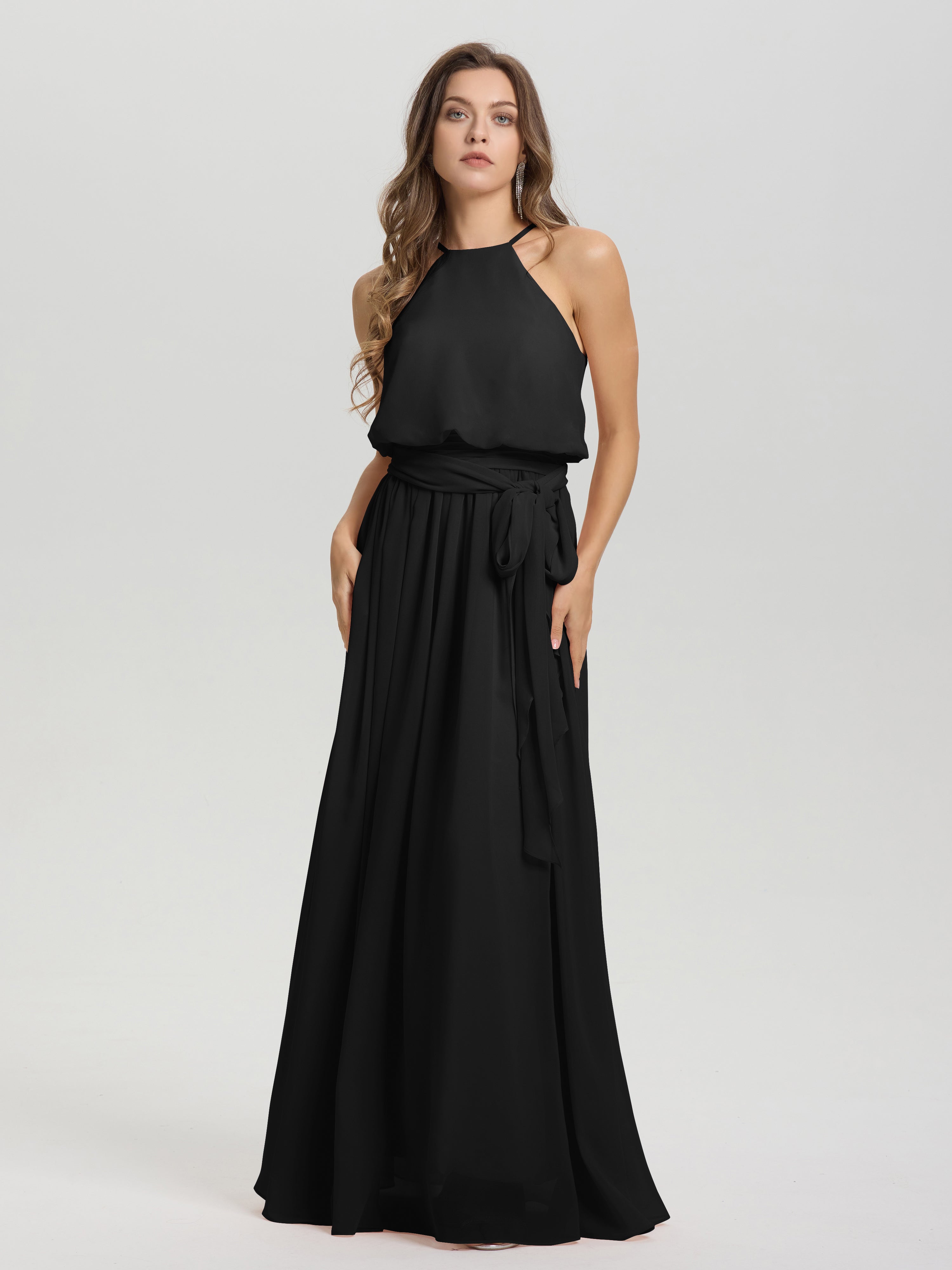 Robe Demoiselle D Honneur Noire Licou Trapèze Mousseline Robe Demoiselle D'Honneur