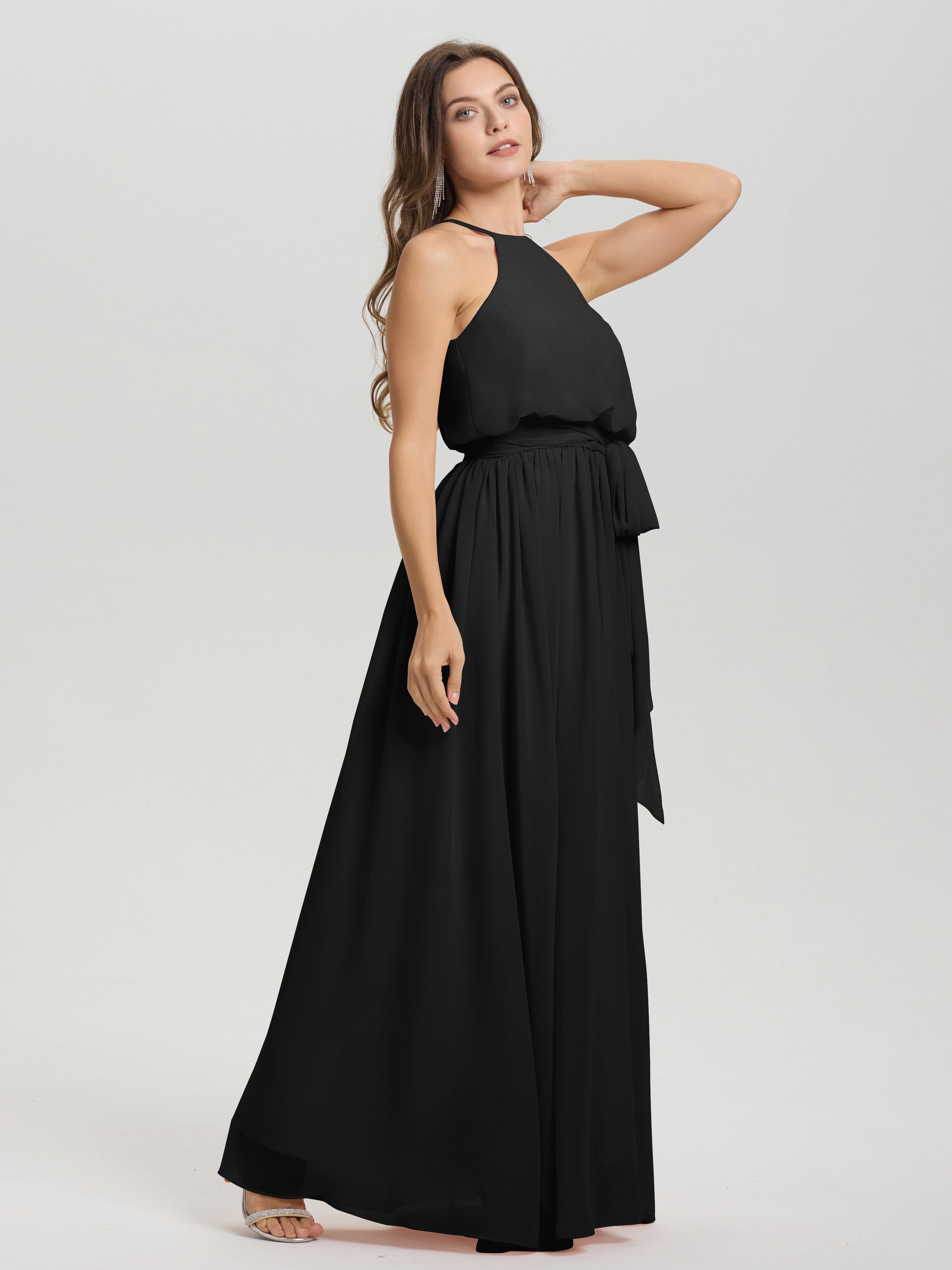 Robe Demoiselle D Honneur Noire Licou Trapèze Mousseline Robe Demoiselle D'Honneur