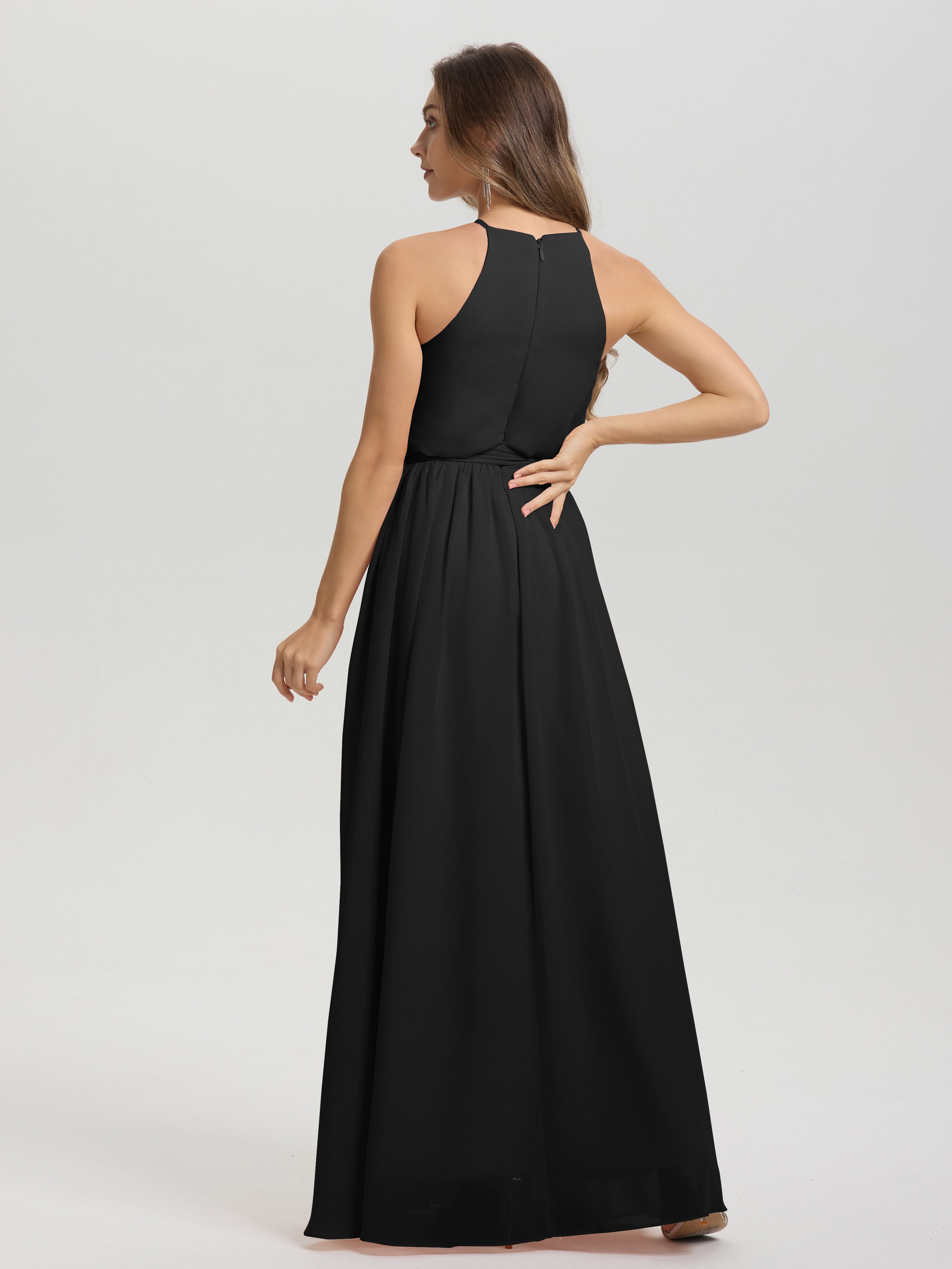 Robe Demoiselle D Honneur Noire Licou Trapèze Mousseline Robe Demoiselle D'Honneur