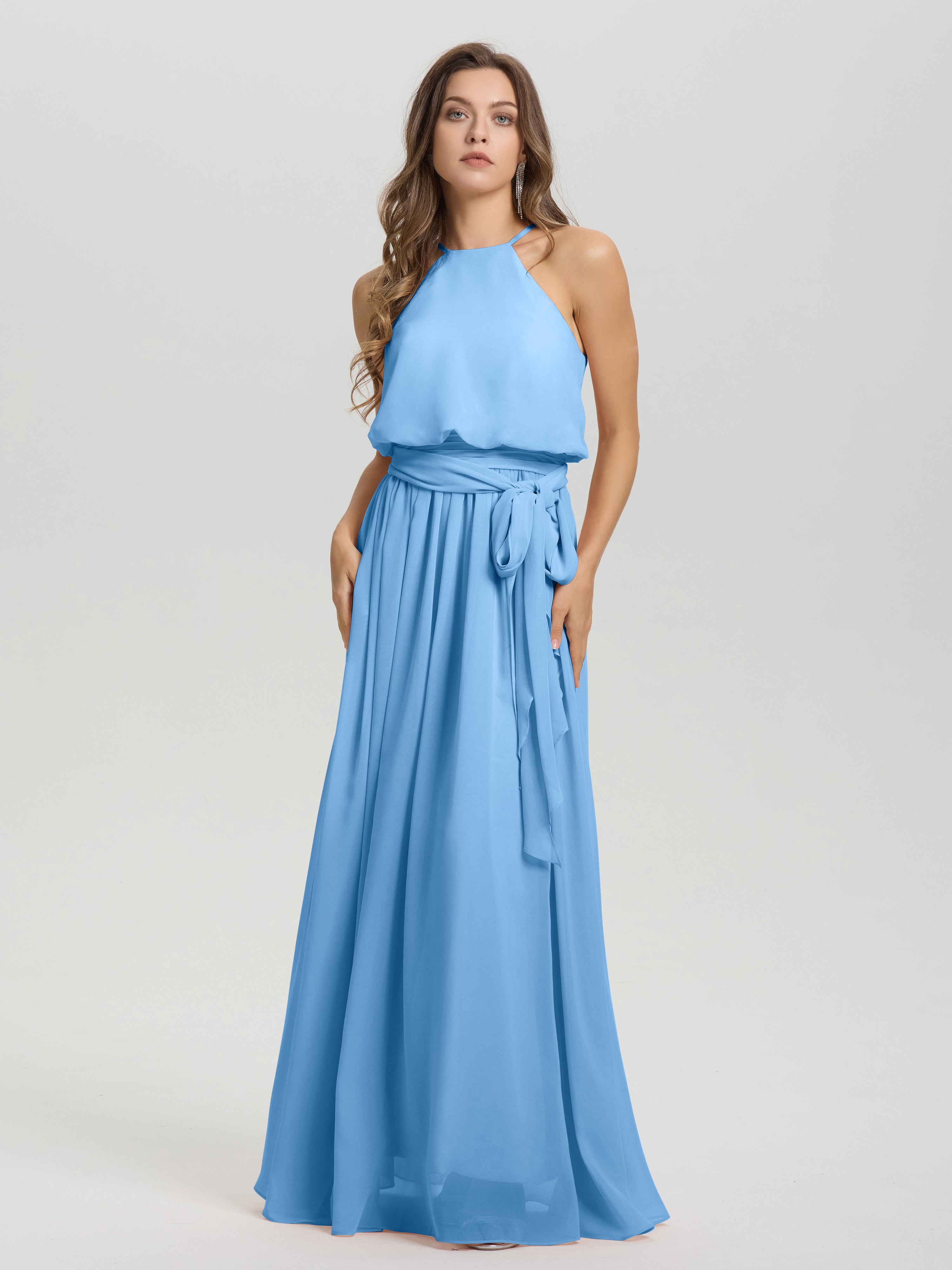 Robe De Demoiselle D Honneur Bleue Licou Trapèze Mousseline Robe Demoiselle D'Honneur