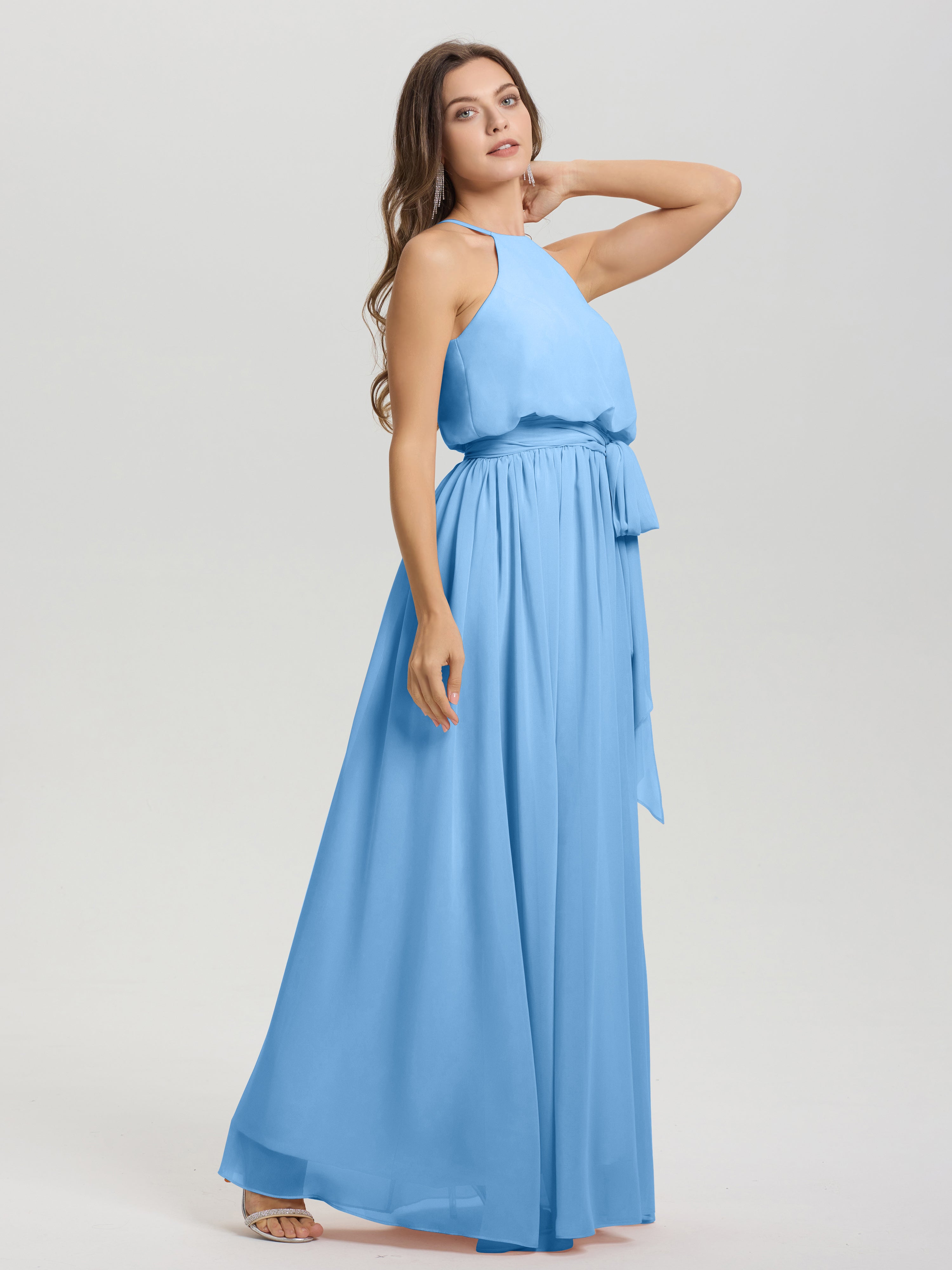 Robe De Demoiselle D Honneur Bleue Licou Trapèze Mousseline Robe Demoiselle D'Honneur