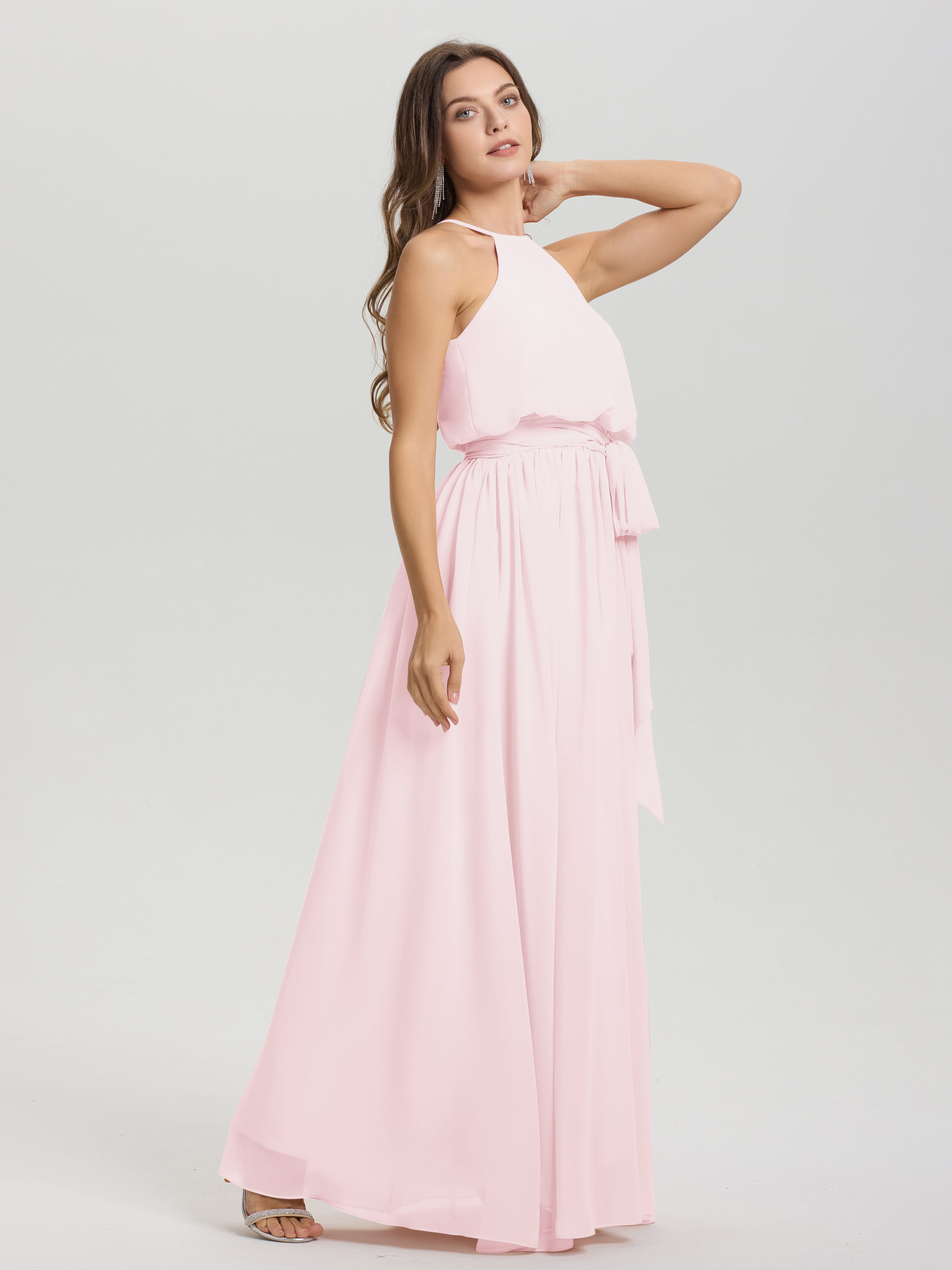 Demoiselle D Honneur Rose Pale Licou Trapèze Mousseline Robe Demoiselle D'Honneur