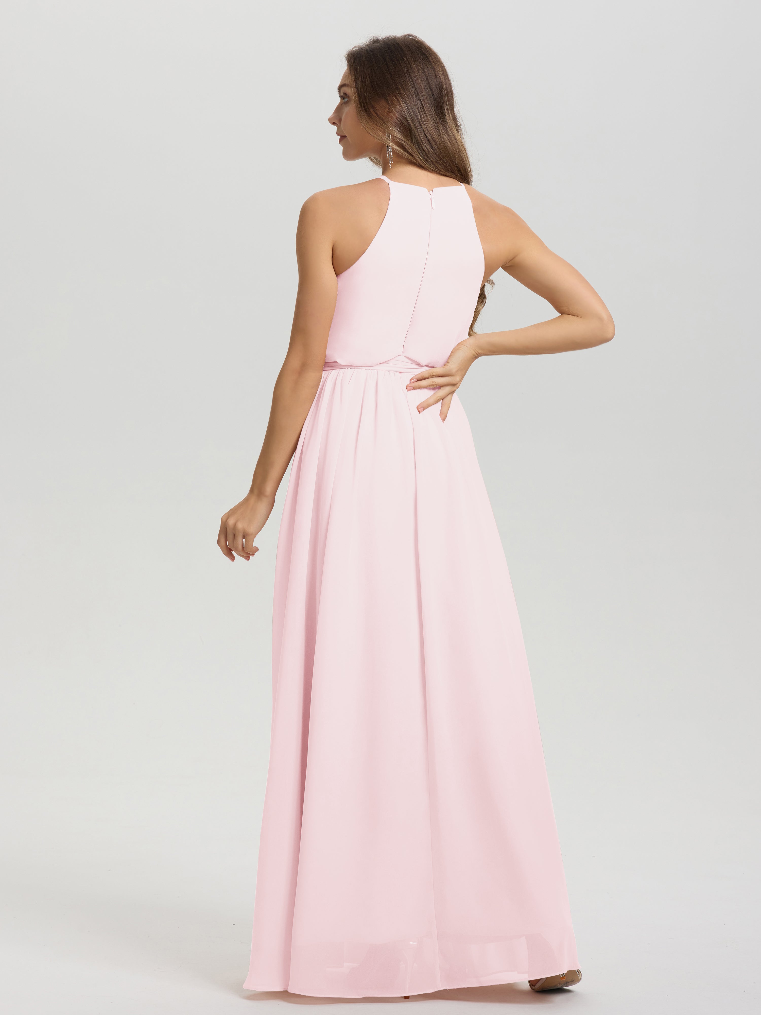 Demoiselle D Honneur Rose Pale Licou Trapèze Mousseline Robe Demoiselle D'Honneur