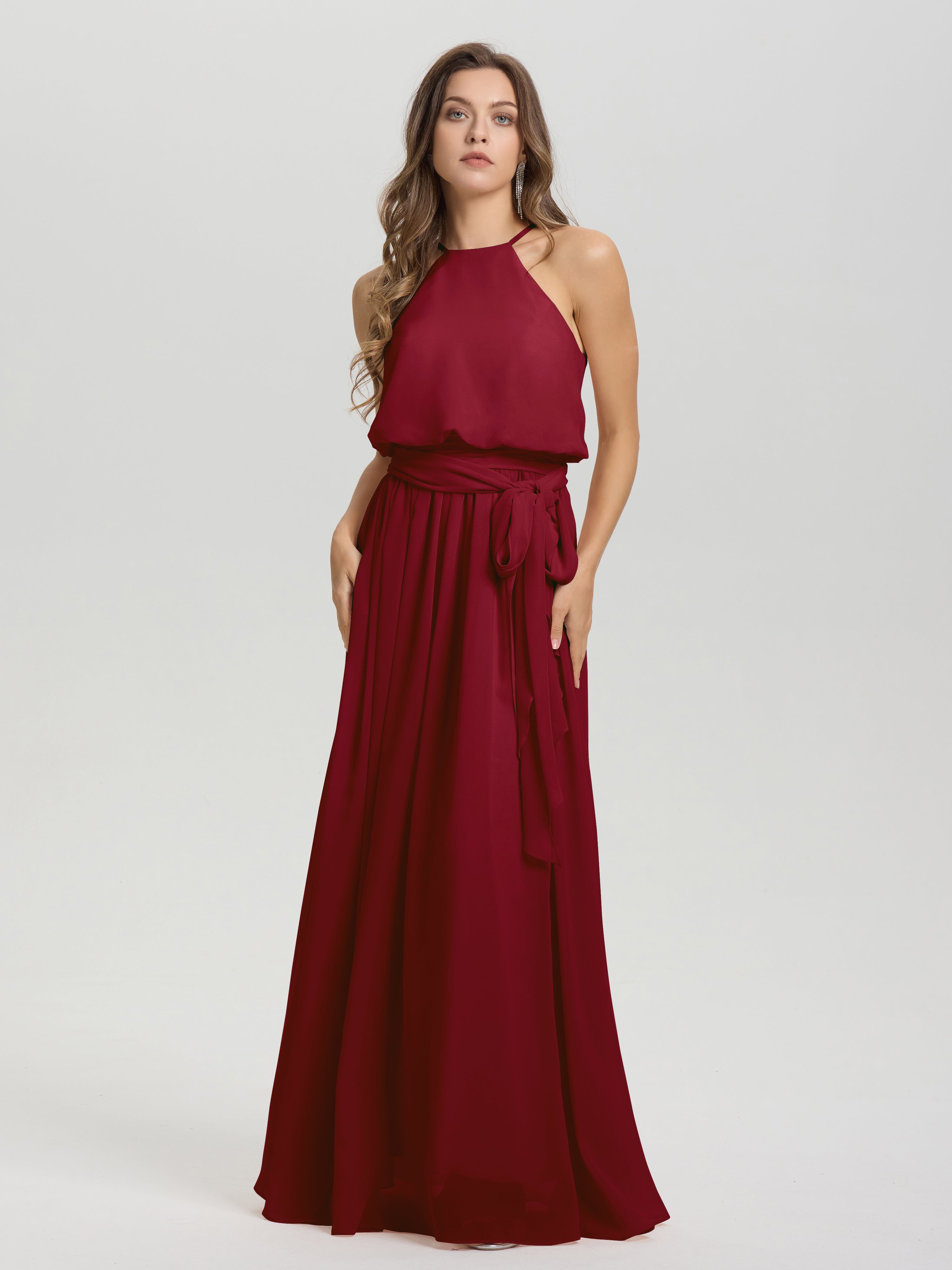 Robes De Demoiselle D'Honneur Rouge Bordeaux Licou Trapèze Mousseline Robe Demoiselle D'Honneur