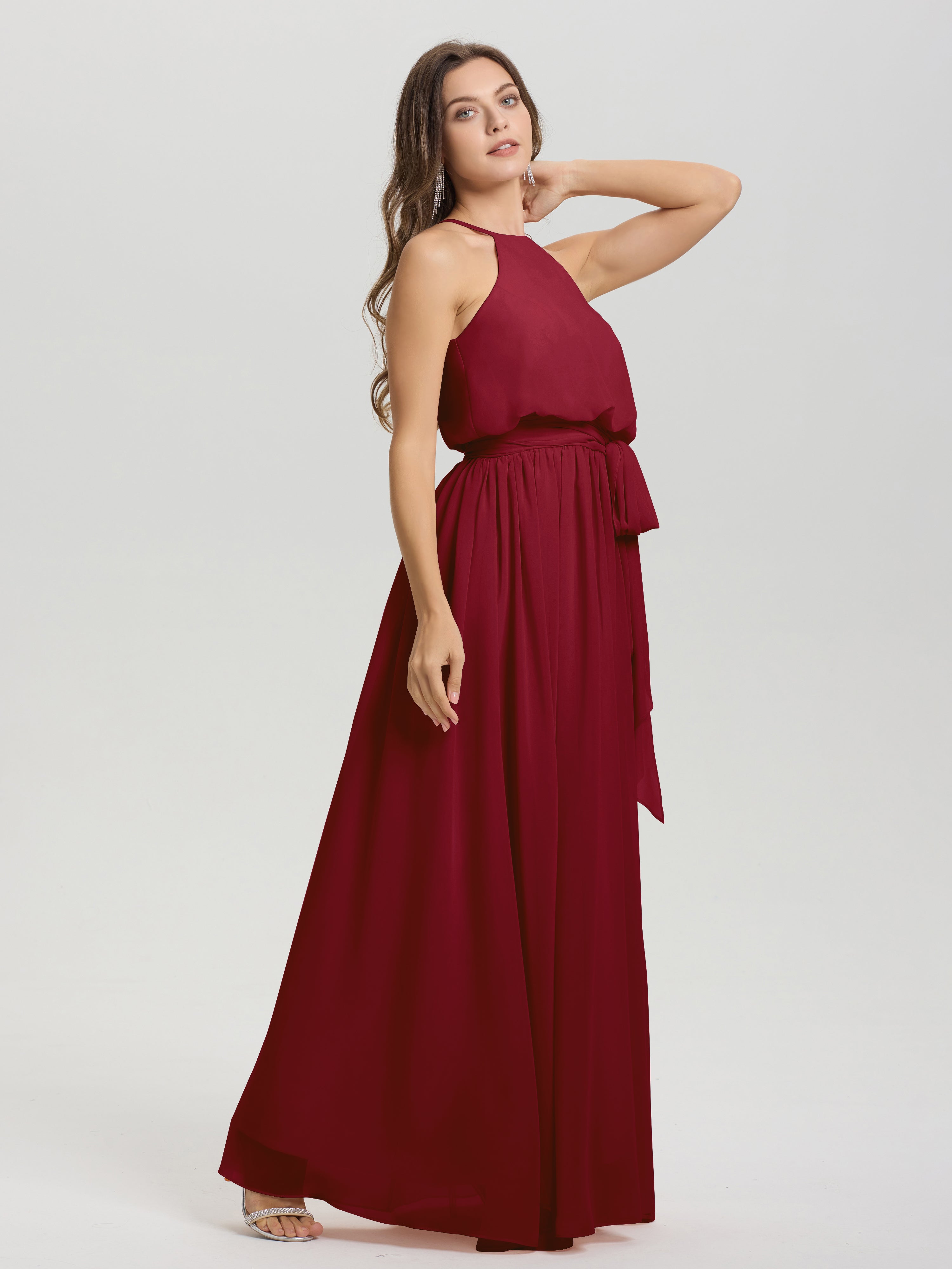 Robes De Demoiselle D'Honneur Rouge Bordeaux Licou Trapèze Mousseline Robe Demoiselle D'Honneur