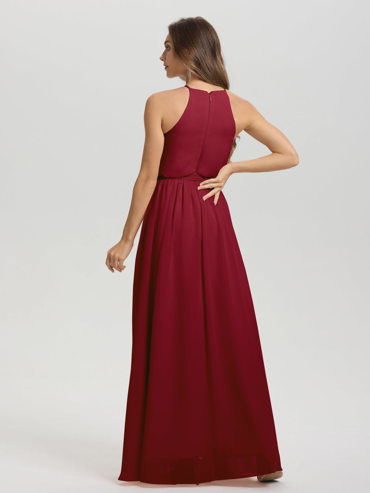 Robes De Demoiselle D'Honneur Rouge Bordeaux Licou Trapèze Mousseline Robe Demoiselle D'Honneur