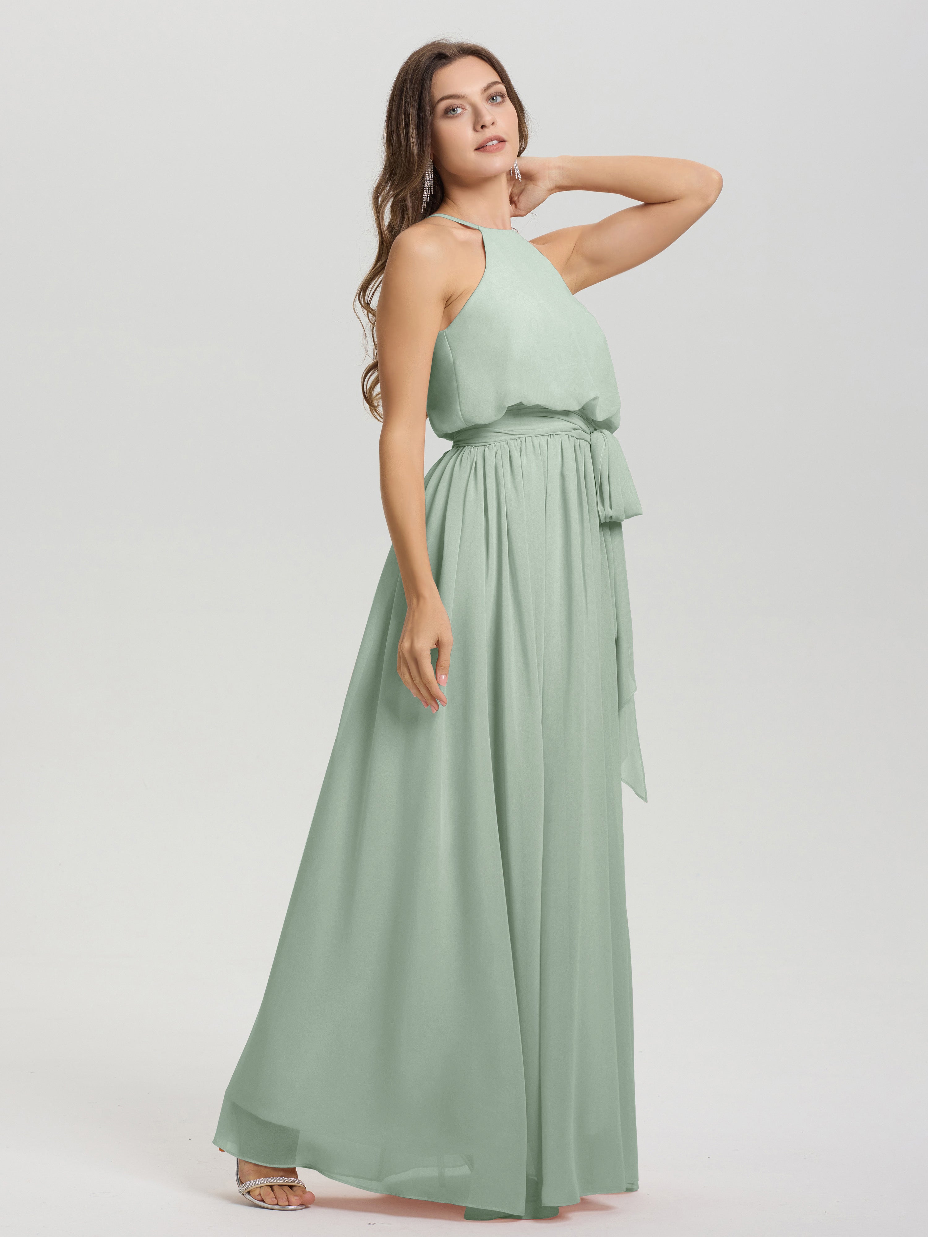 Robe Demoiselle D Honneur Celadon Ethérée Licou Trapèze Mousseline Robe Demoiselle D'Honneur