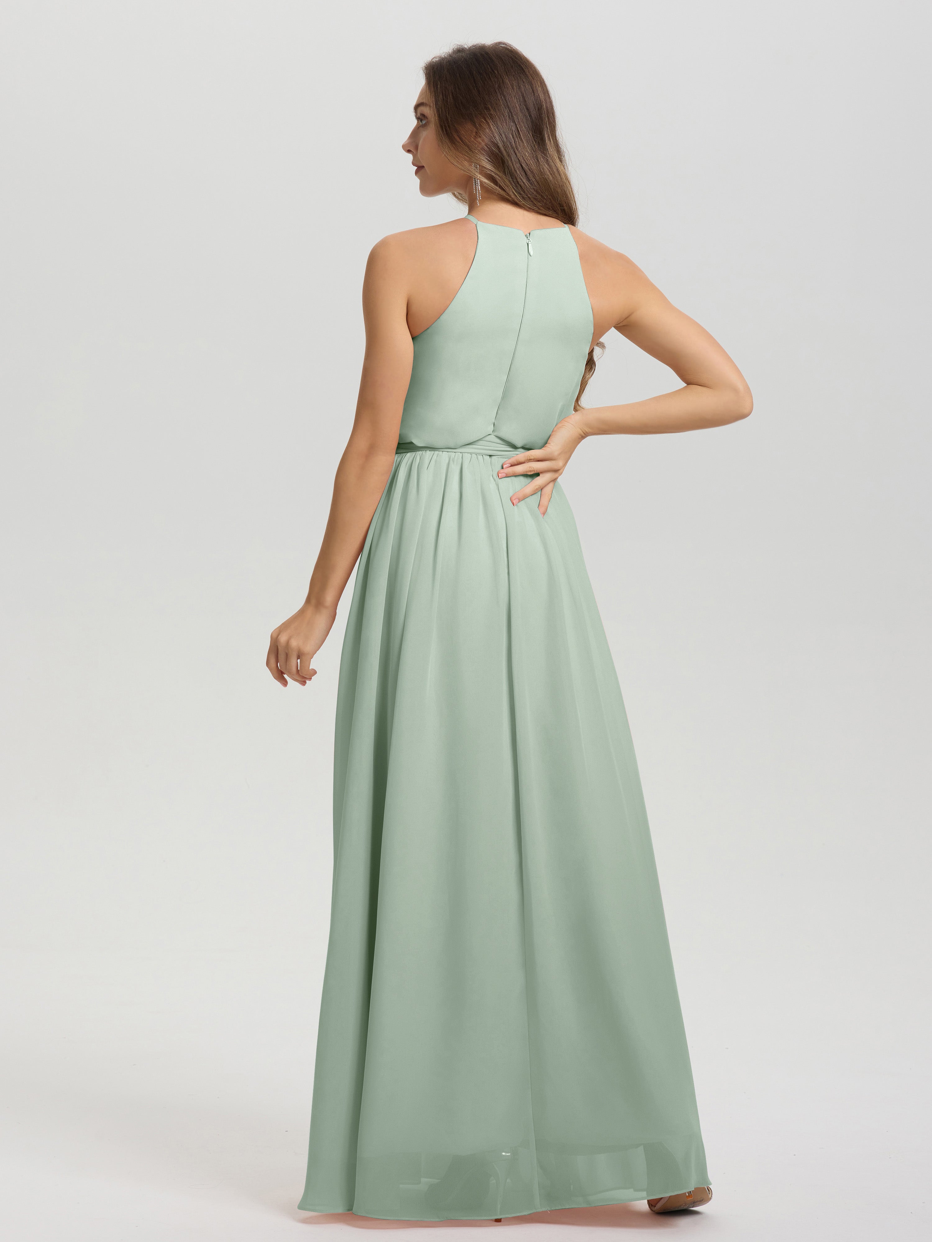 Robe Demoiselle D Honneur Celadon Ethérée Licou Trapèze Mousseline Robe Demoiselle D'Honneur