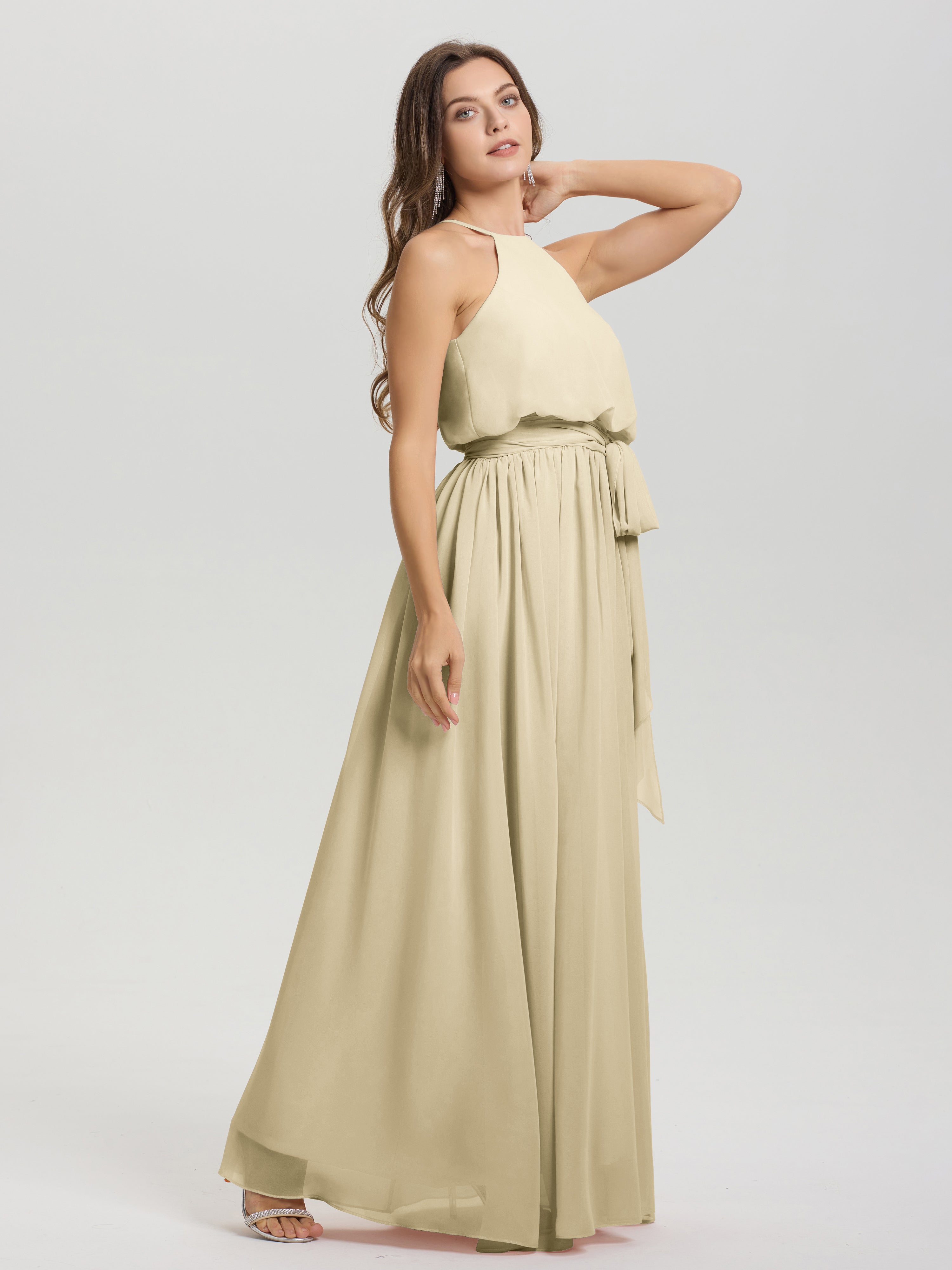 Robes De Demoiselle D'Honneur Champagne Longues Licou Trapèze Mousseline Robe Demoiselle D'Honneur