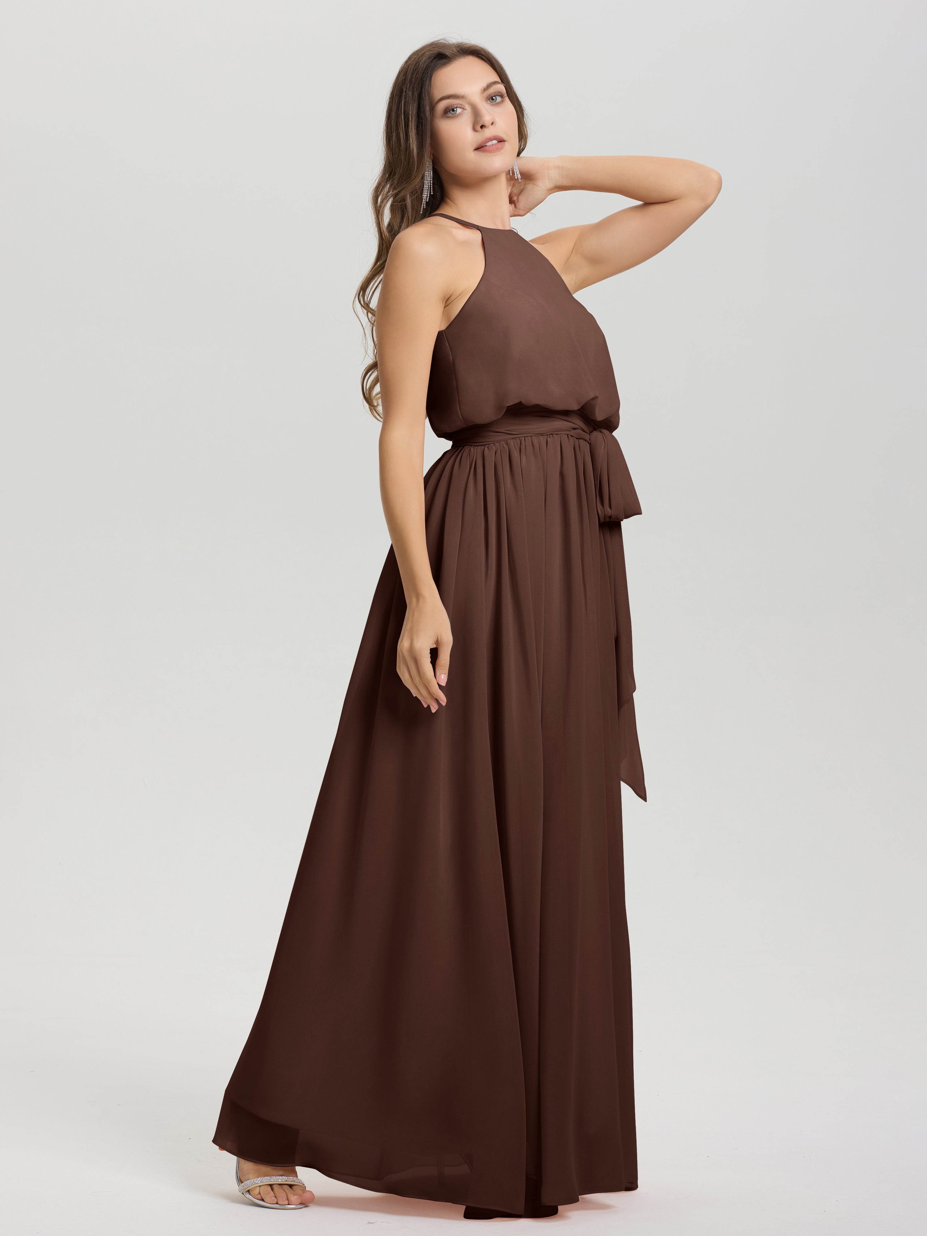 Robe Demoiselle D Honneur Chocolat Licou Trapèze Mousseline Robe Demoiselle D'Honneur