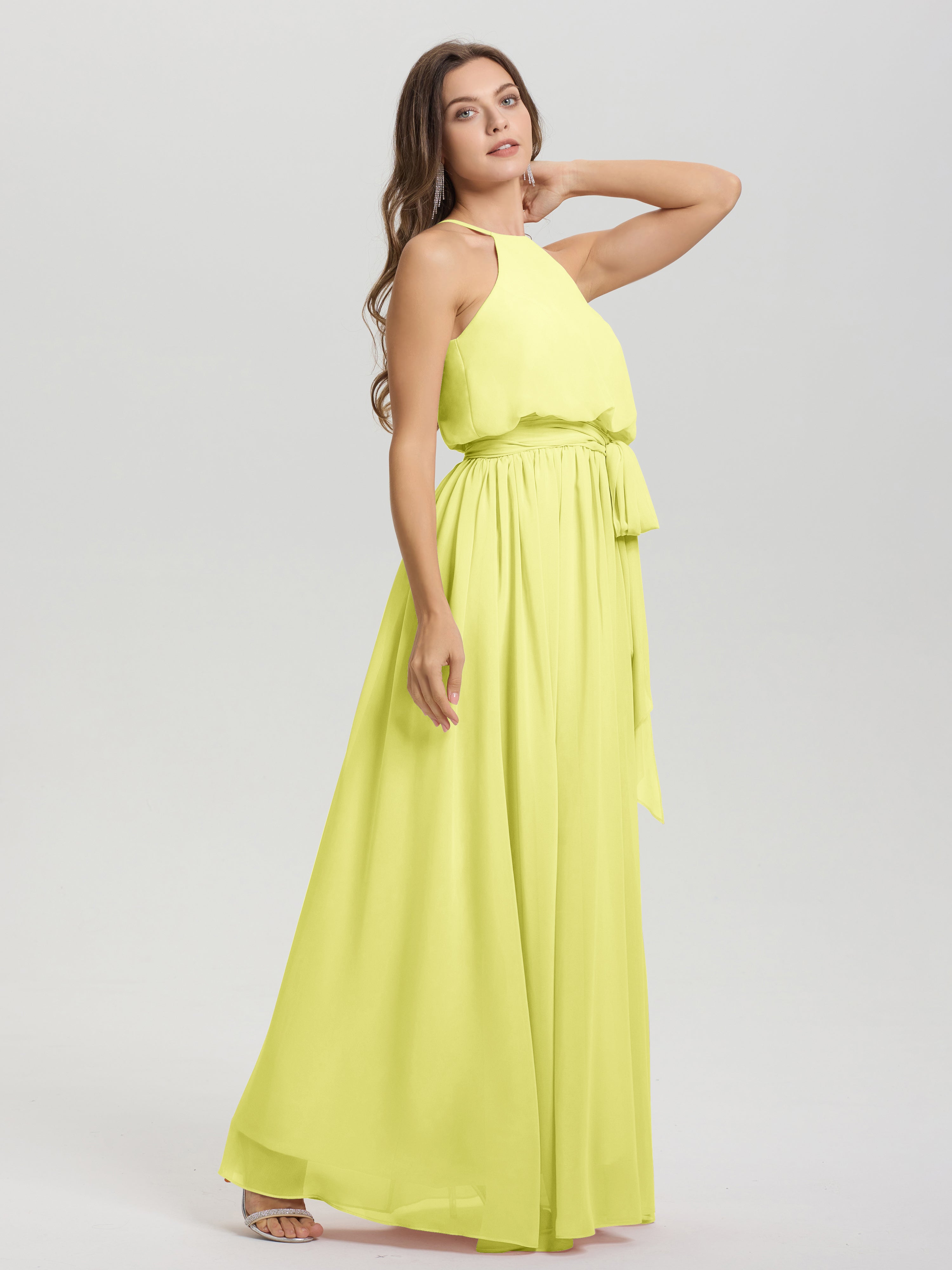 Robes De Demoiselle D'Honneur Jonquille Licou Trapèze Mousseline Robe Demoiselle D'Honneur