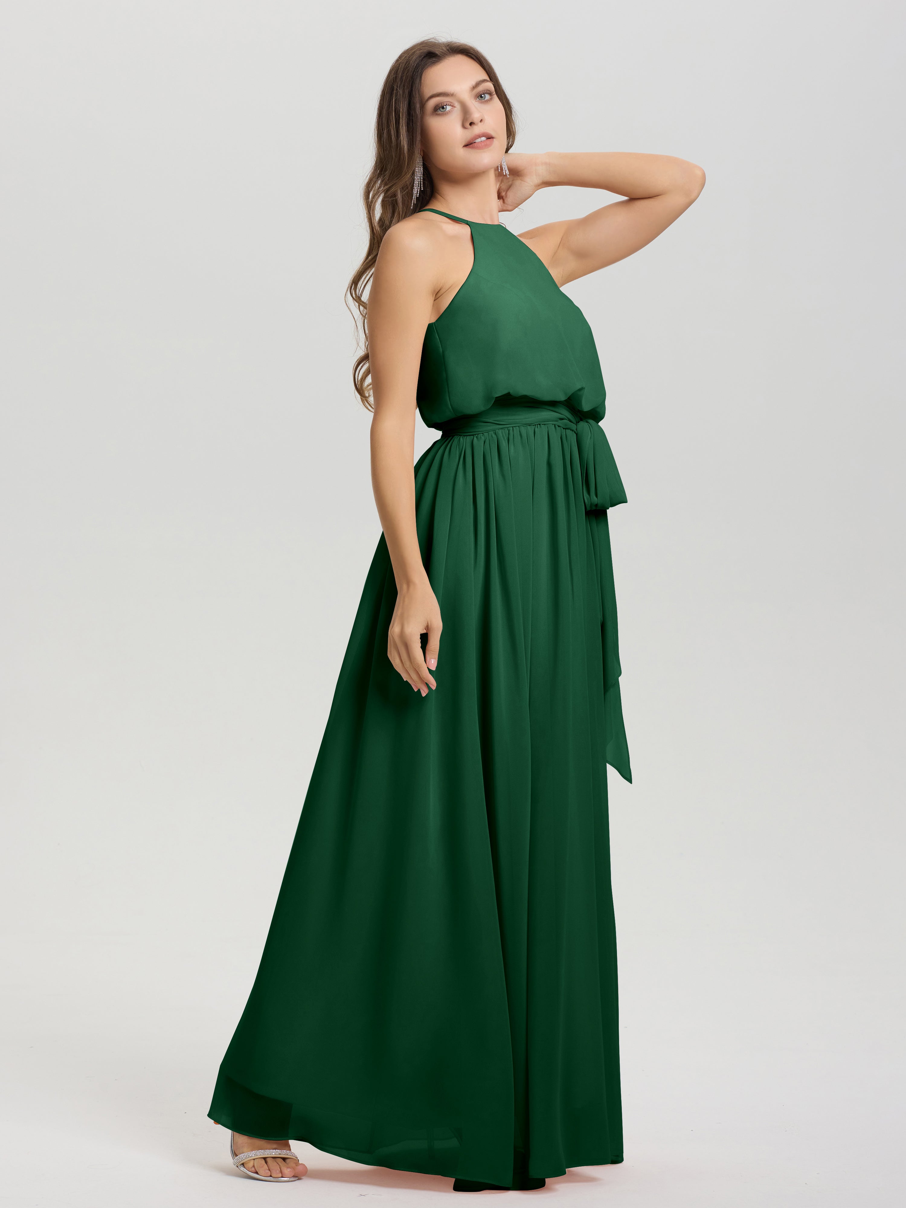 Robe Demoiselle D Honneur Vert Foncé Licou Trapèze Mousseline Robe Demoiselle D'Honneur