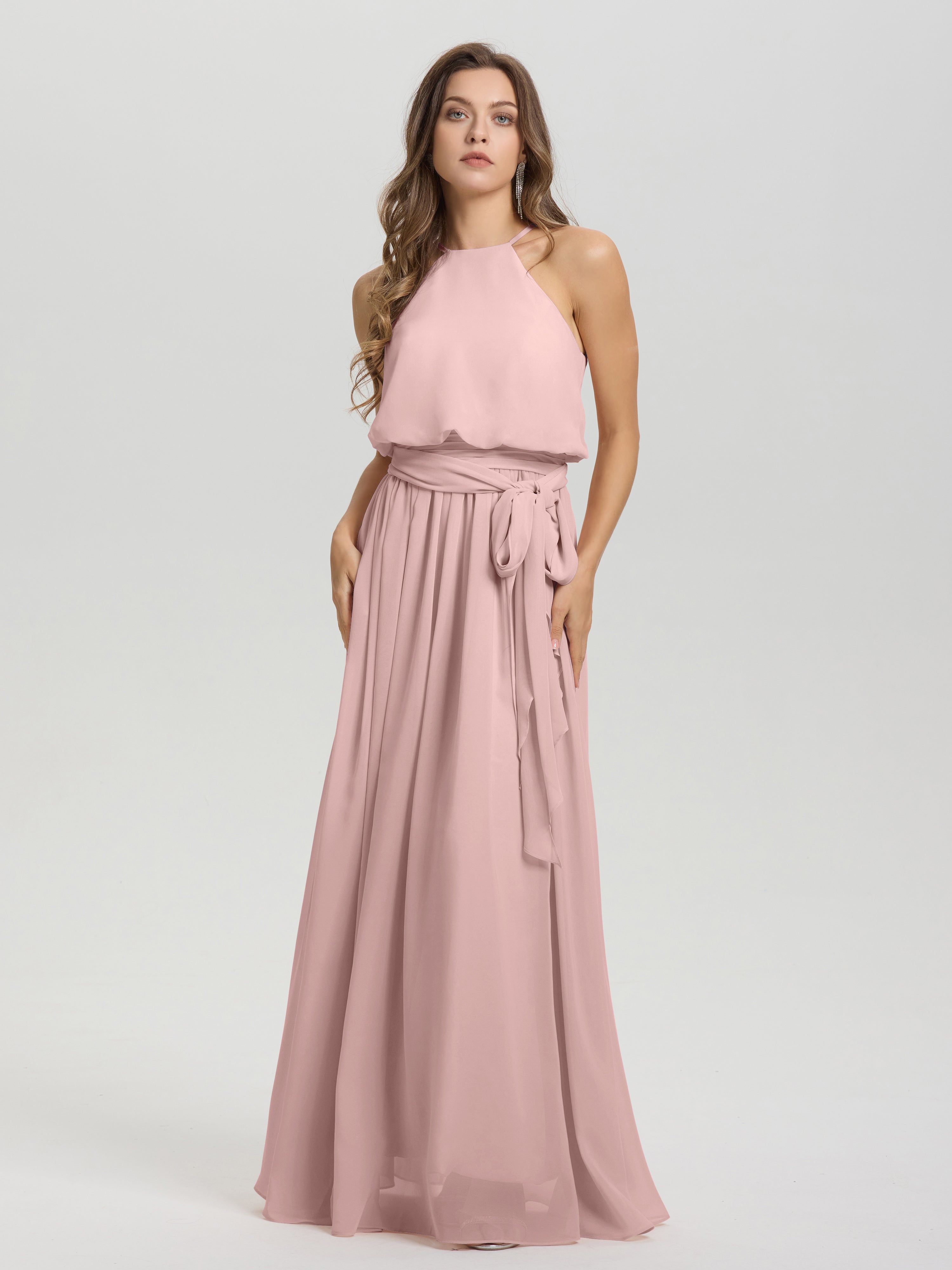 Demoiselle Temoin Robe Rose Poudré Mariage Licou Trapèze Mousseline Robe Demoiselle D'Honneur