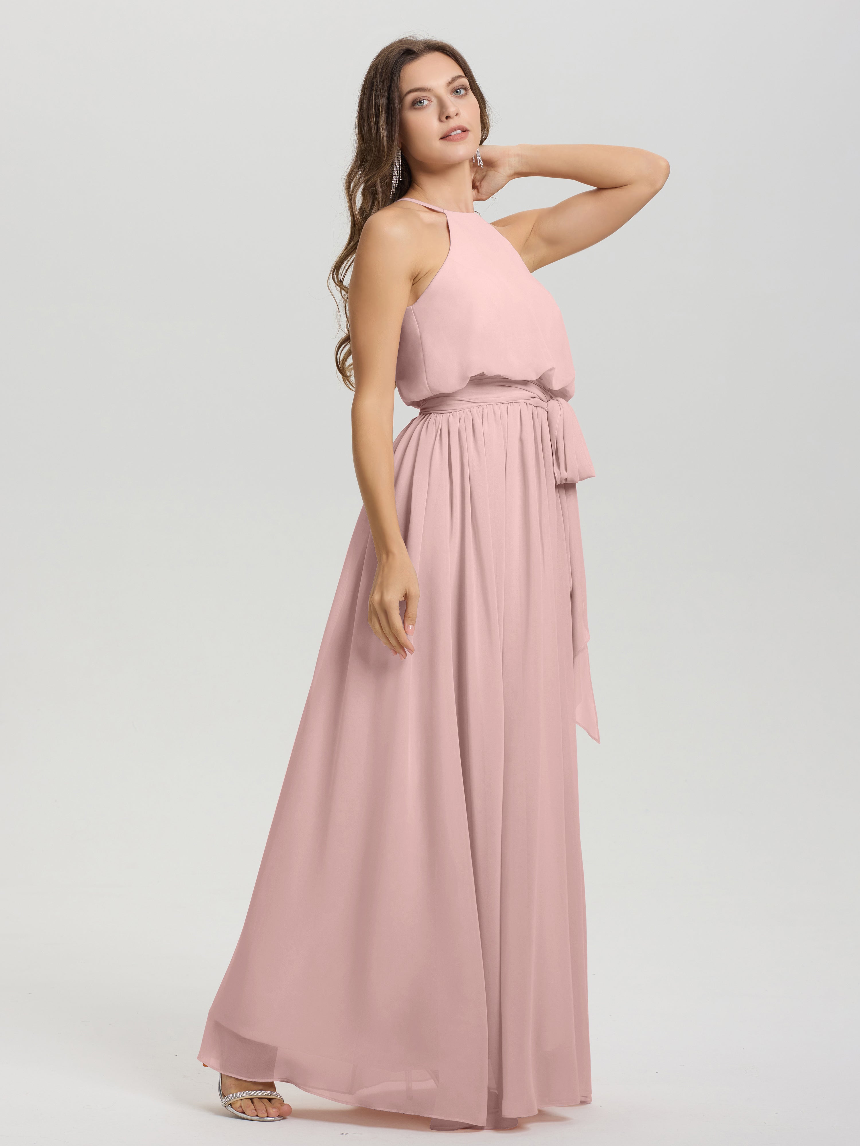 Demoiselle Temoin Robe Rose Poudré Mariage Licou Trapèze Mousseline Robe Demoiselle D'Honneur