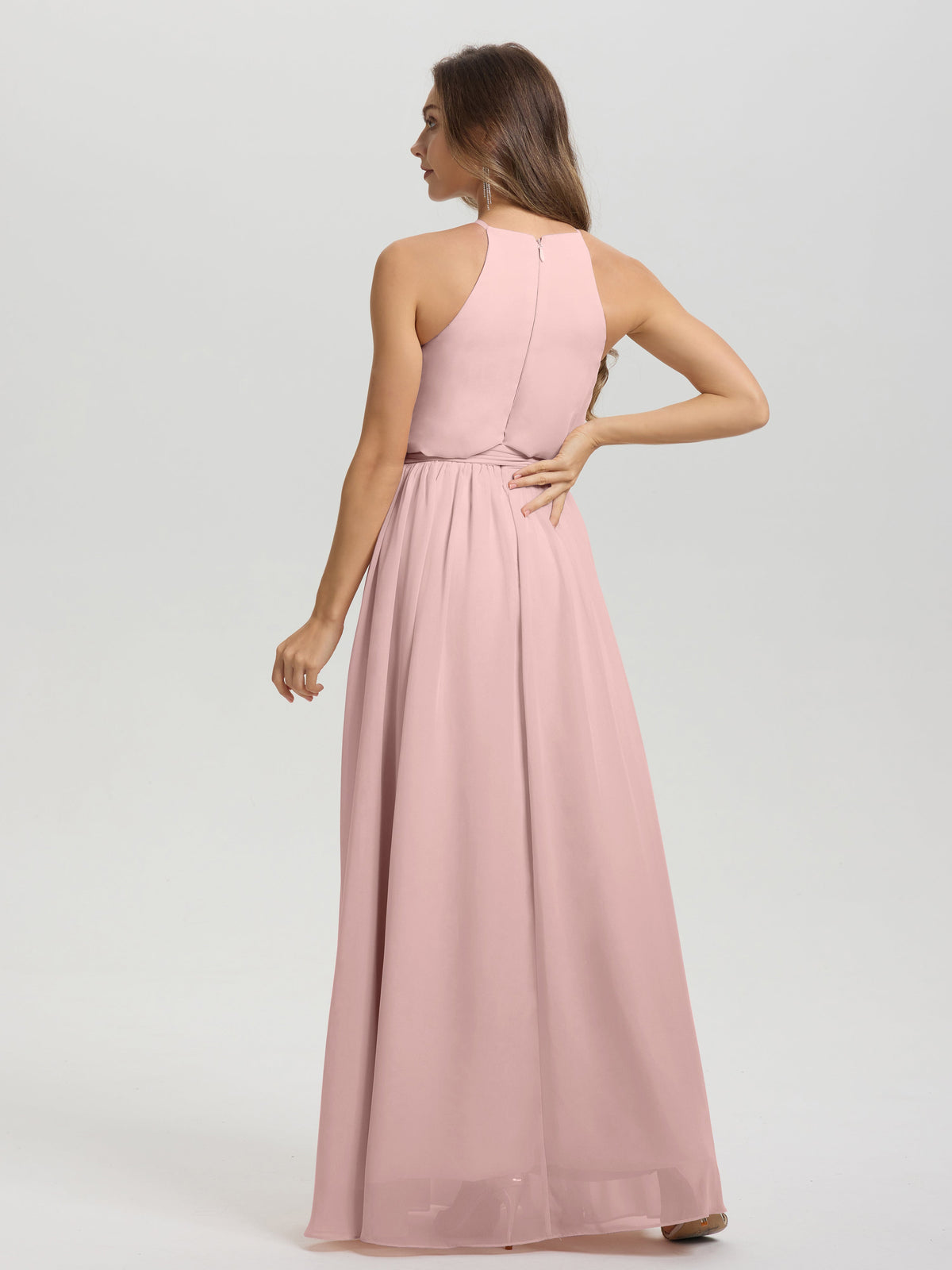 Demoiselle Temoin Robe Rose Poudré Mariage Licou Trapèze Mousseline Robe Demoiselle D'Honneur