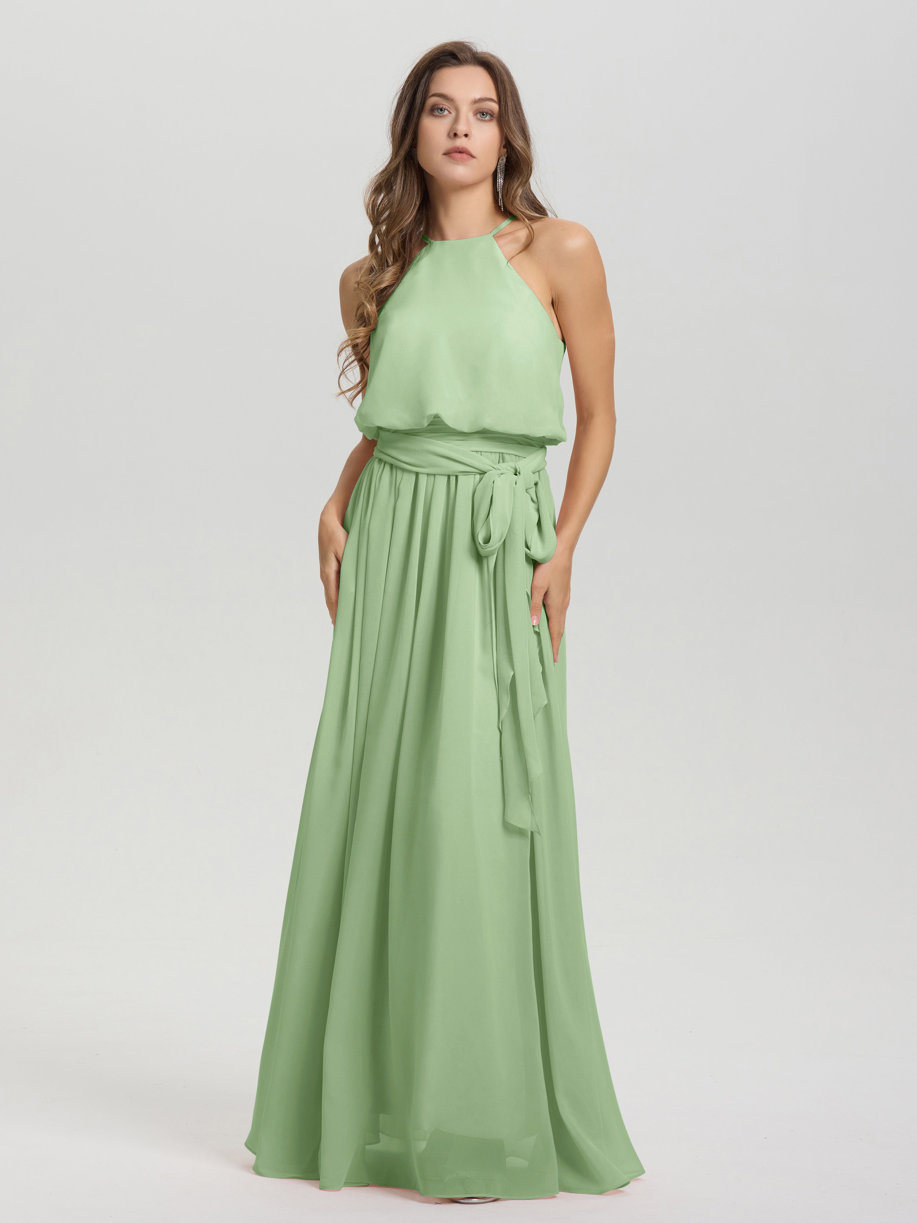 Robe De Demoiselle D'Honneur De Sauge Poussiéreuse Au Sol Licou Trapèze Mousseline Robe Demoiselle D'Honneur