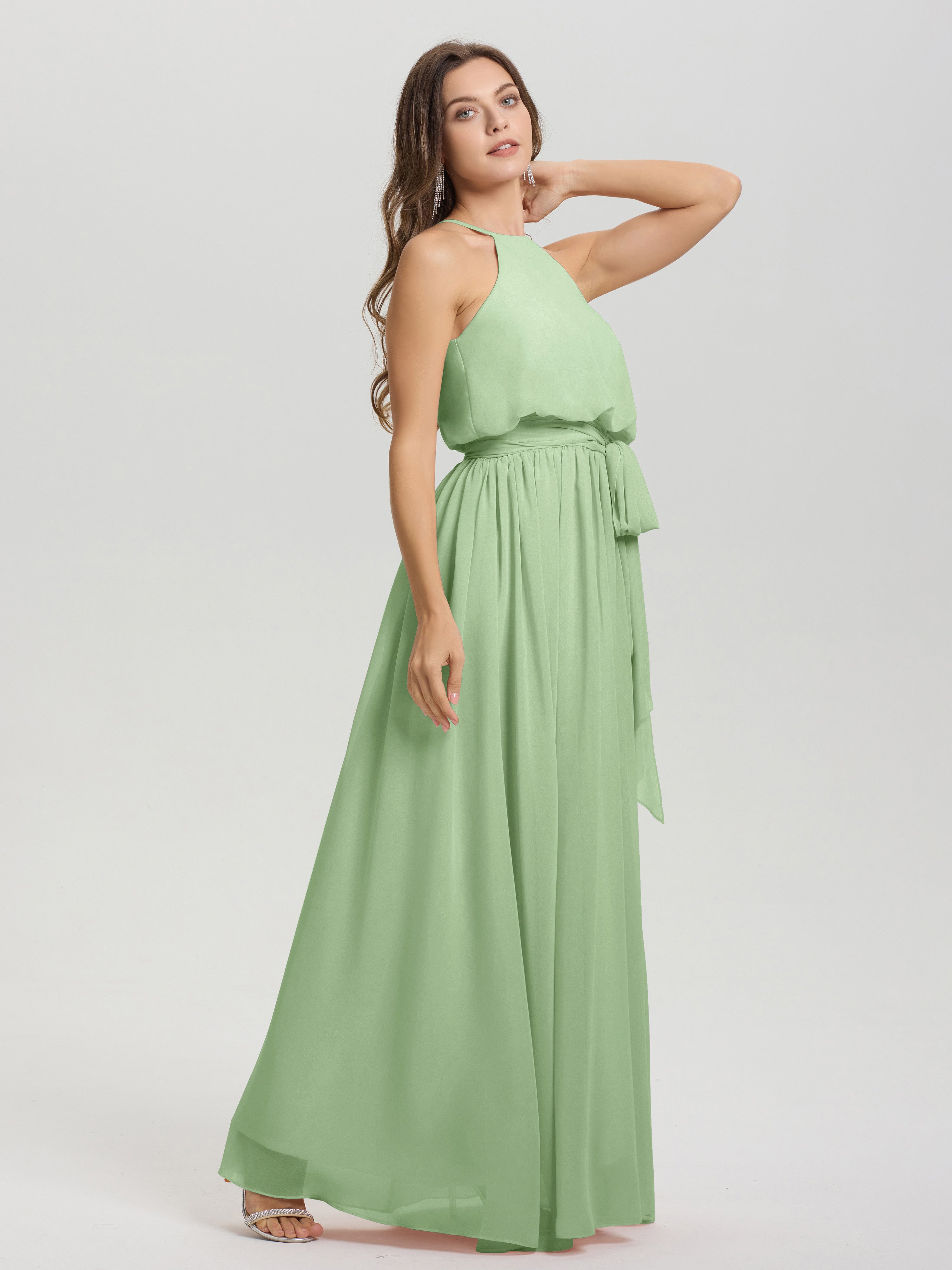 Robe De Demoiselle D'Honneur De Sauge Poussiéreuse Au Sol Licou Trapèze Mousseline Robe Demoiselle D'Honneur