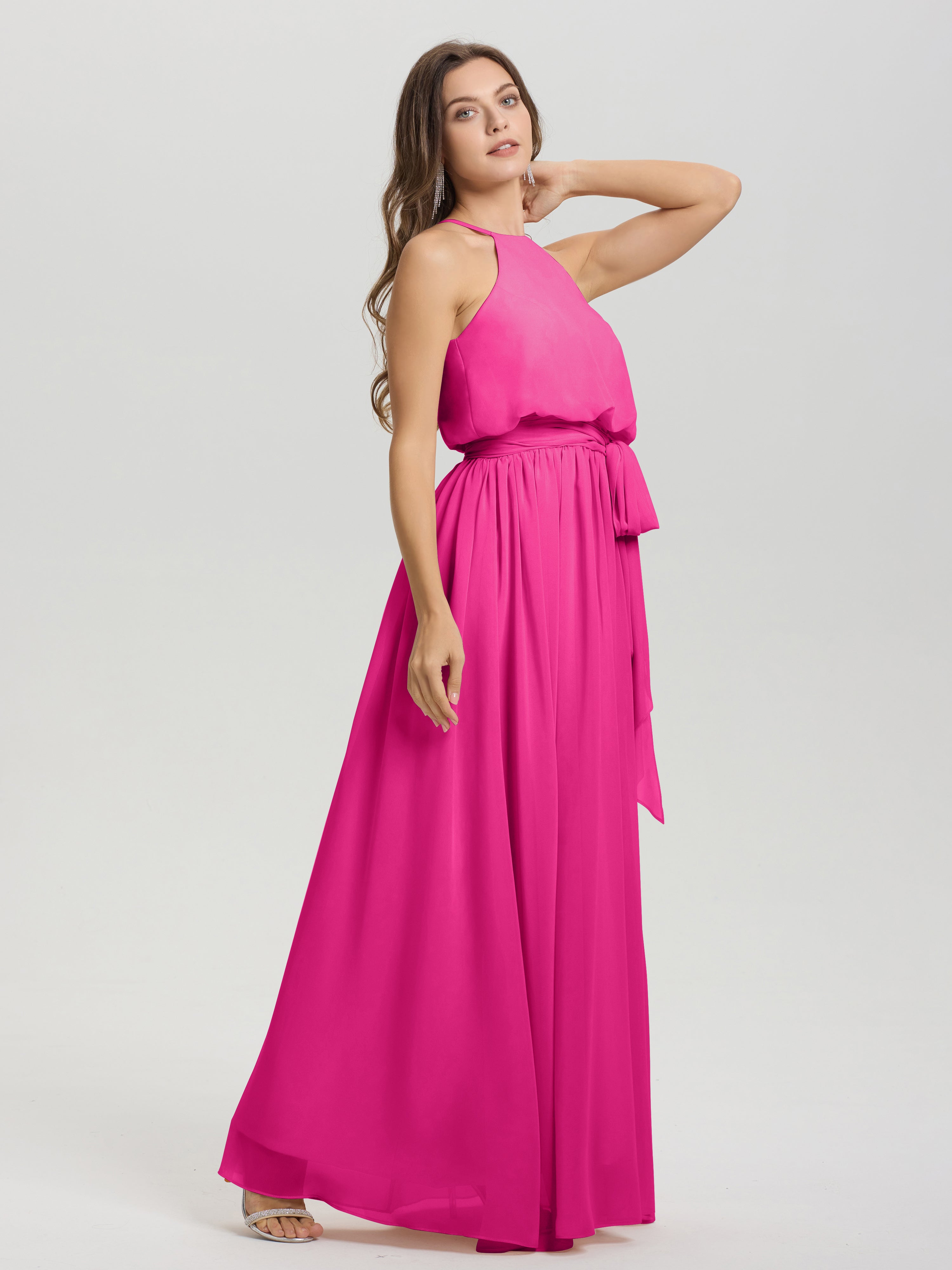 Robes De Demoiselle D'Honneur Couleur Rose Fuchsia Licou Trapèze Mousseline Robe Demoiselle D'Honneur