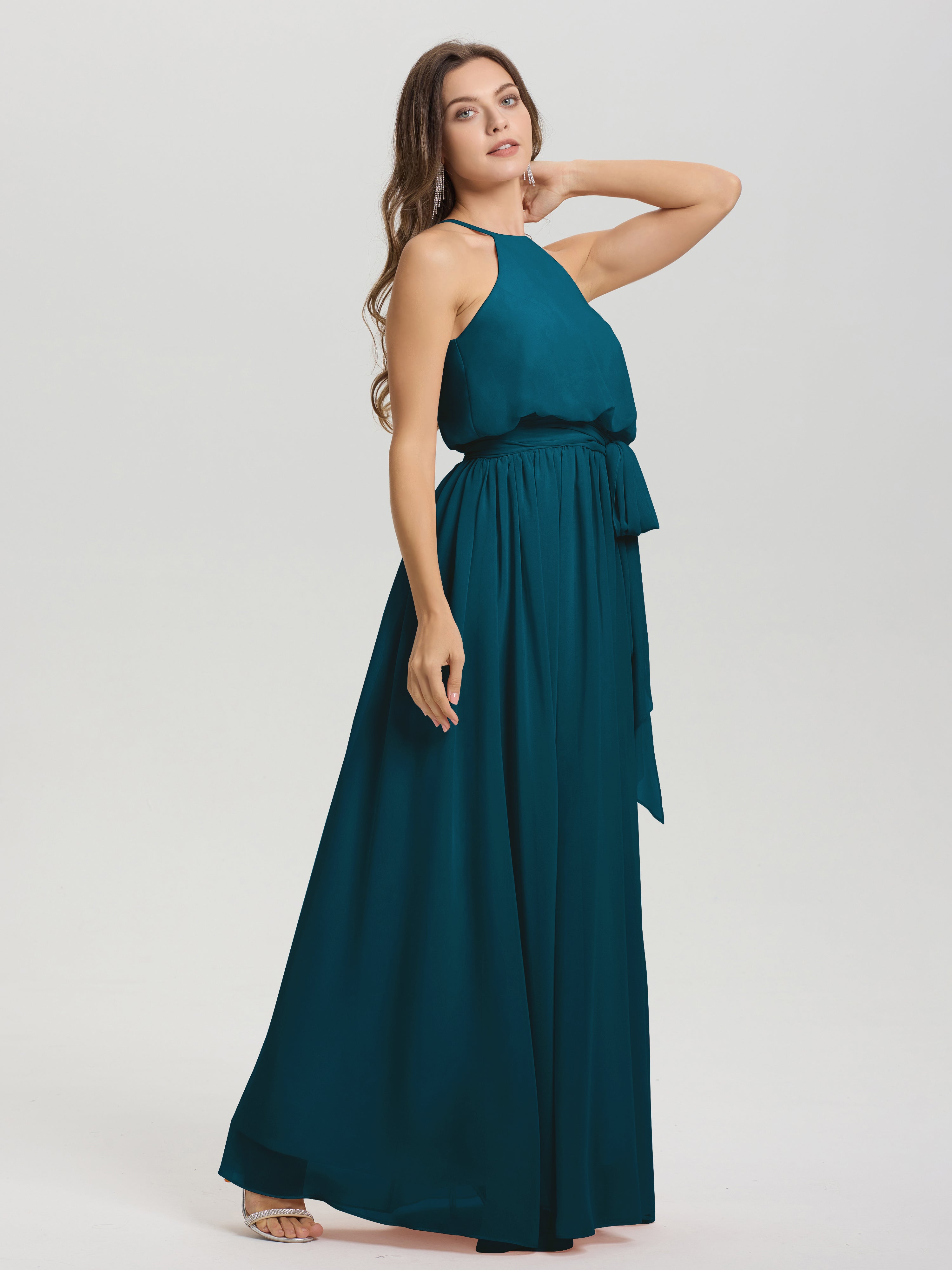 Robes De Demoiselle D'Honneur Bleu Encre Licou Trapèze Mousseline Robe Demoiselle D'Honneur