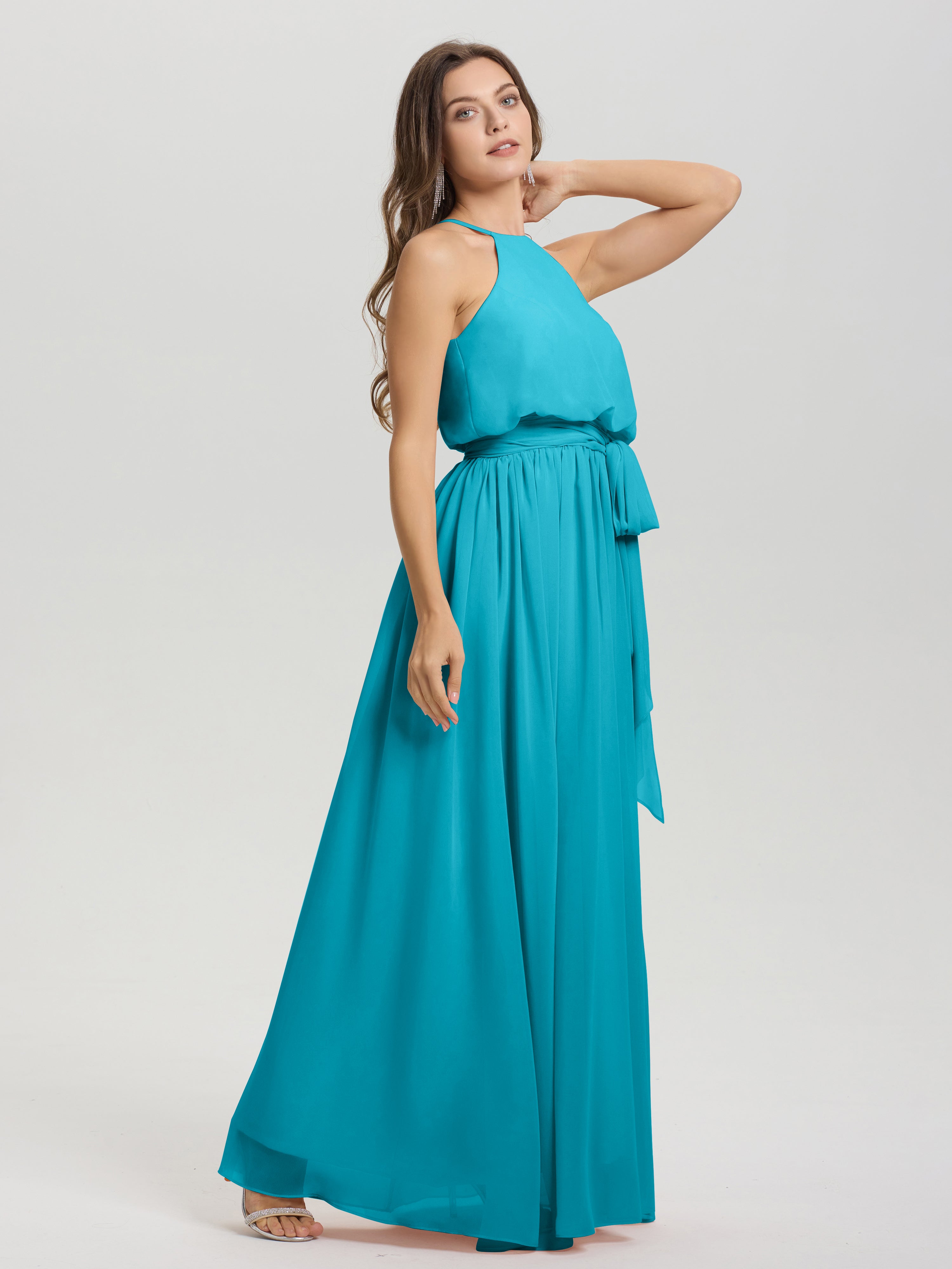 Robes De Demoiselle D'Honneur Vert Jade Licou Trapèze Mousseline Robe Demoiselle D'Honneur