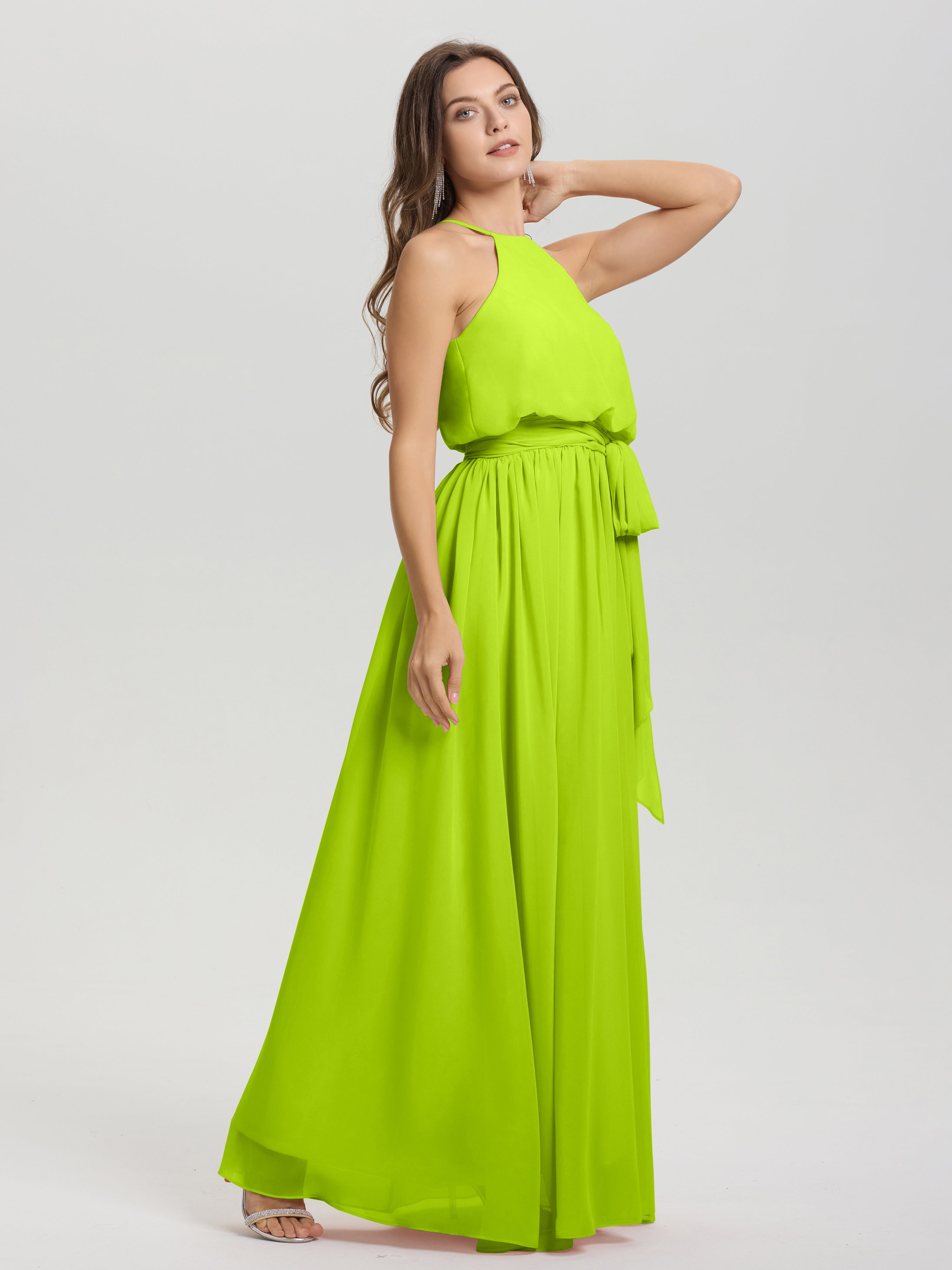 Robes De Demoiselle D'Honneur Vert Citron Licou Trapèze Mousseline Robe Demoiselle D'Honneur