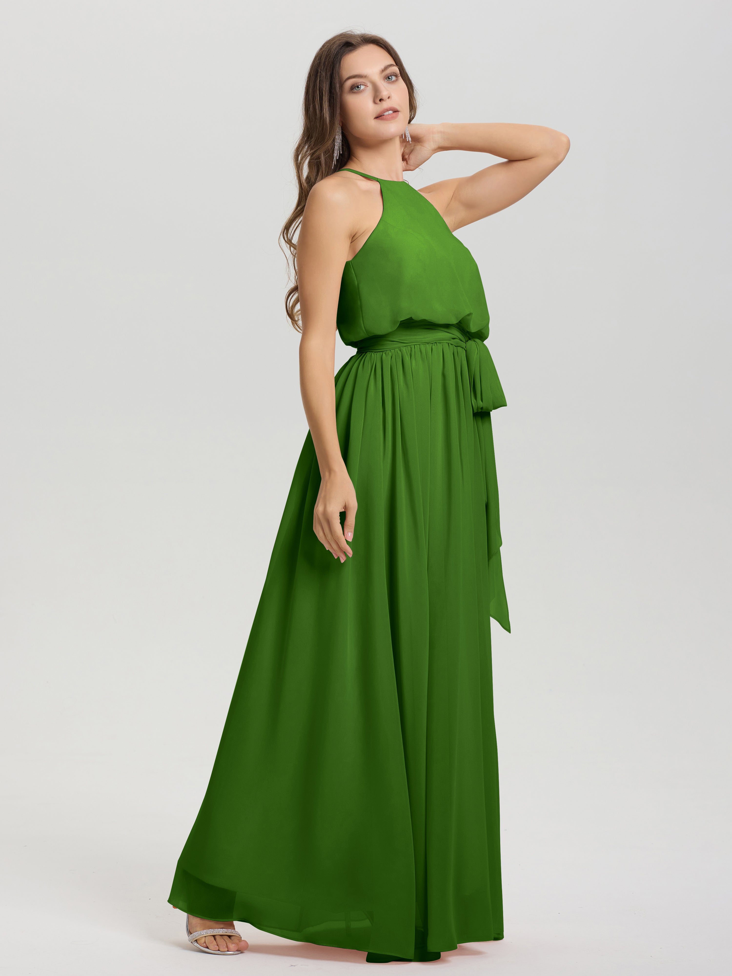 Robes De Demoiselle D'Honneur Vert Mousse Licou Trapèze Mousseline Robe Demoiselle D'Honneur