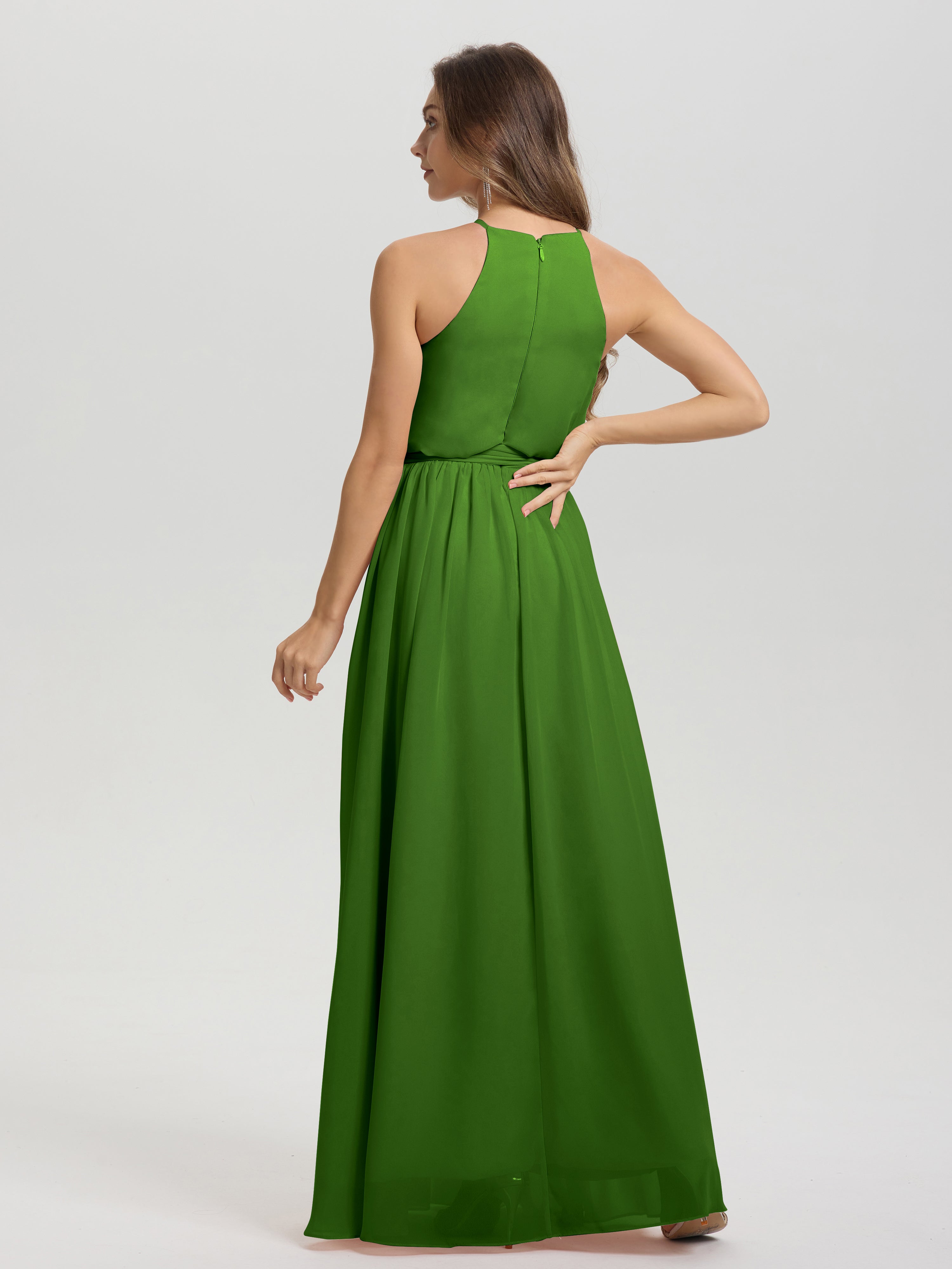 Robes De Demoiselle D'Honneur Vert Mousse Licou Trapèze Mousseline Robe Demoiselle D'Honneur