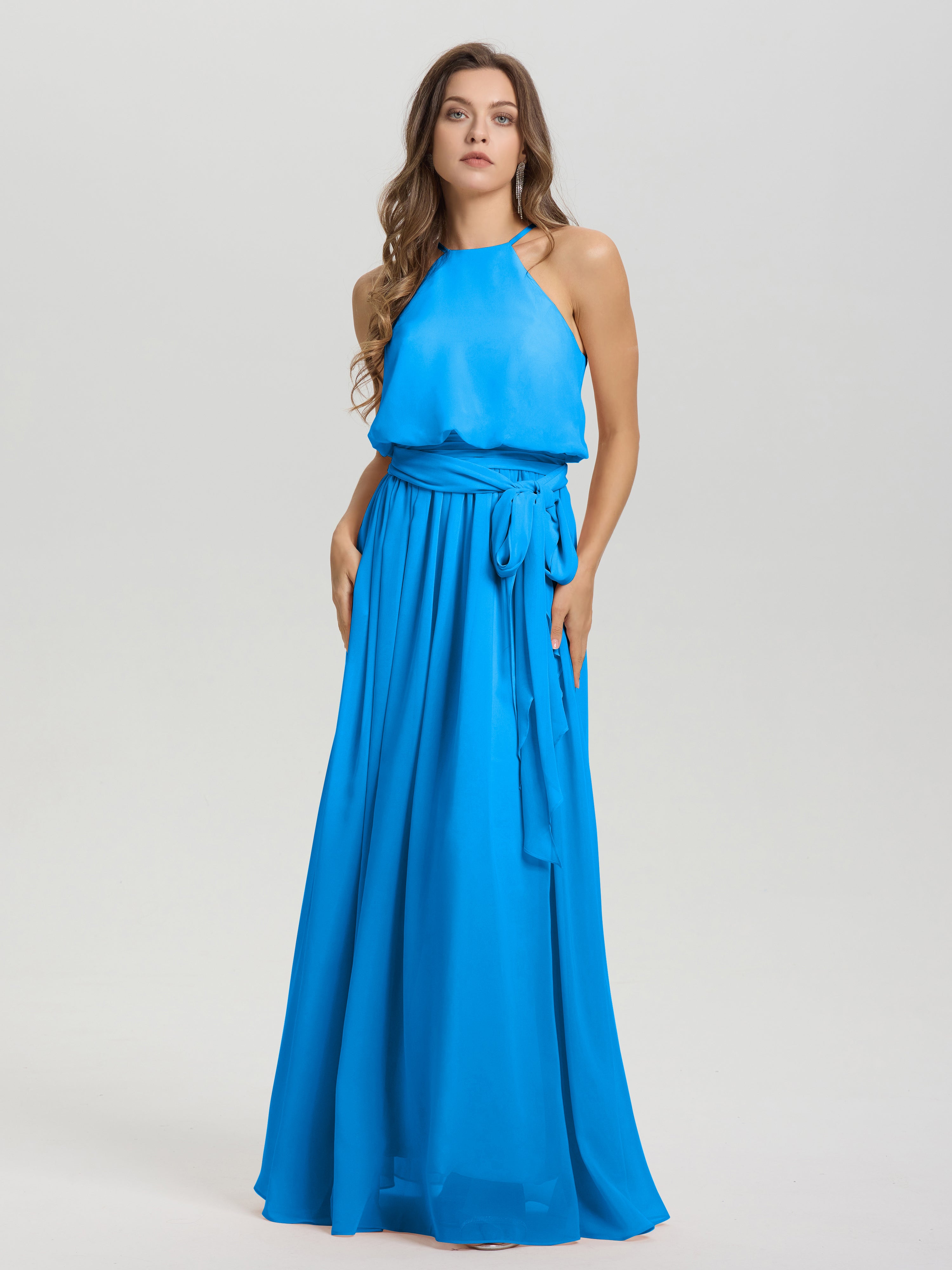 Robes De Demoiselle D'Honneur Bleu Océan Licou Trapèze Mousseline Robe Demoiselle D'Honneur