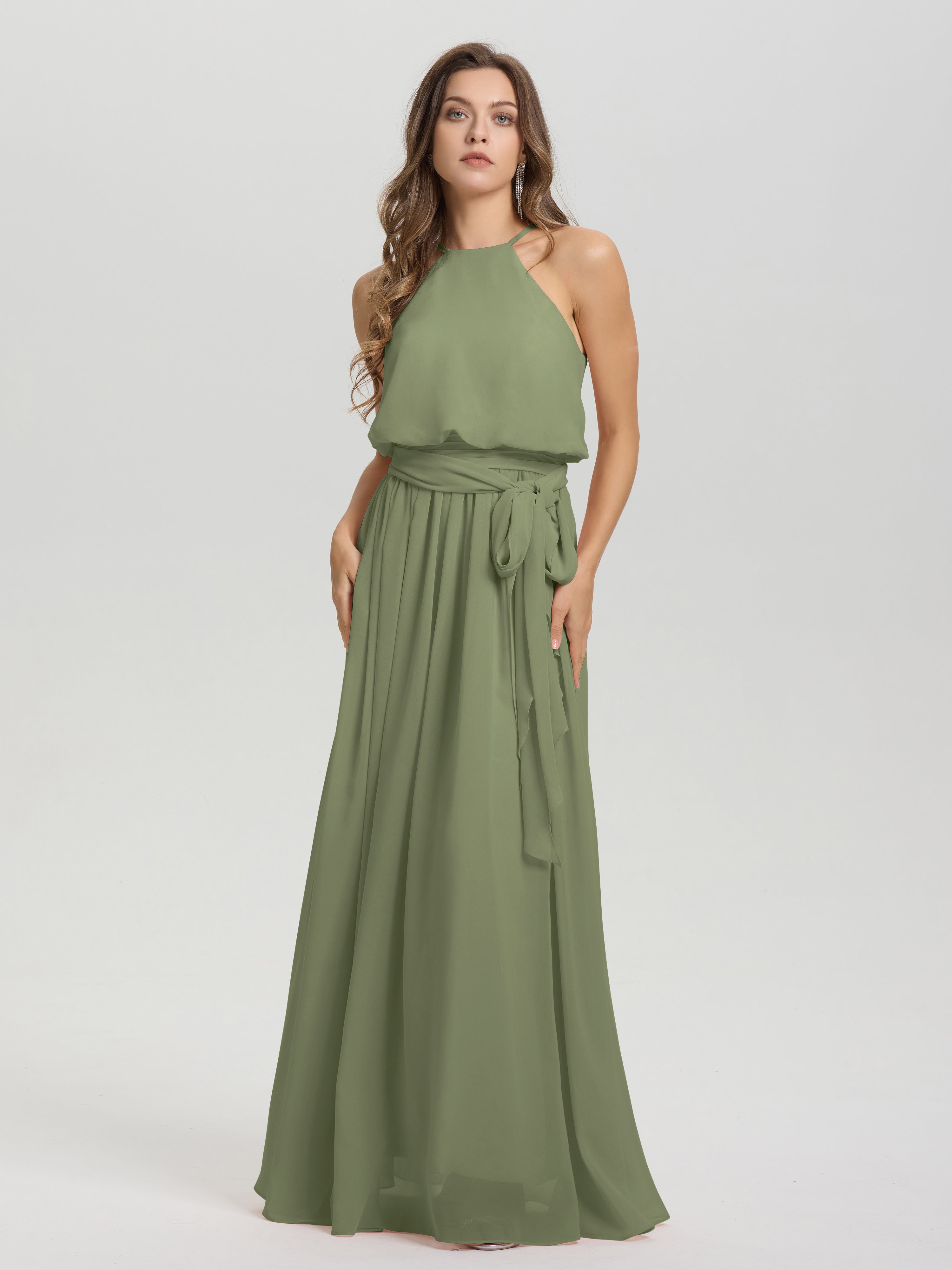 Robe Demoiselle D Honneur Vert Olive Licou Trapèze Mousseline Robe Demoiselle D'Honneur