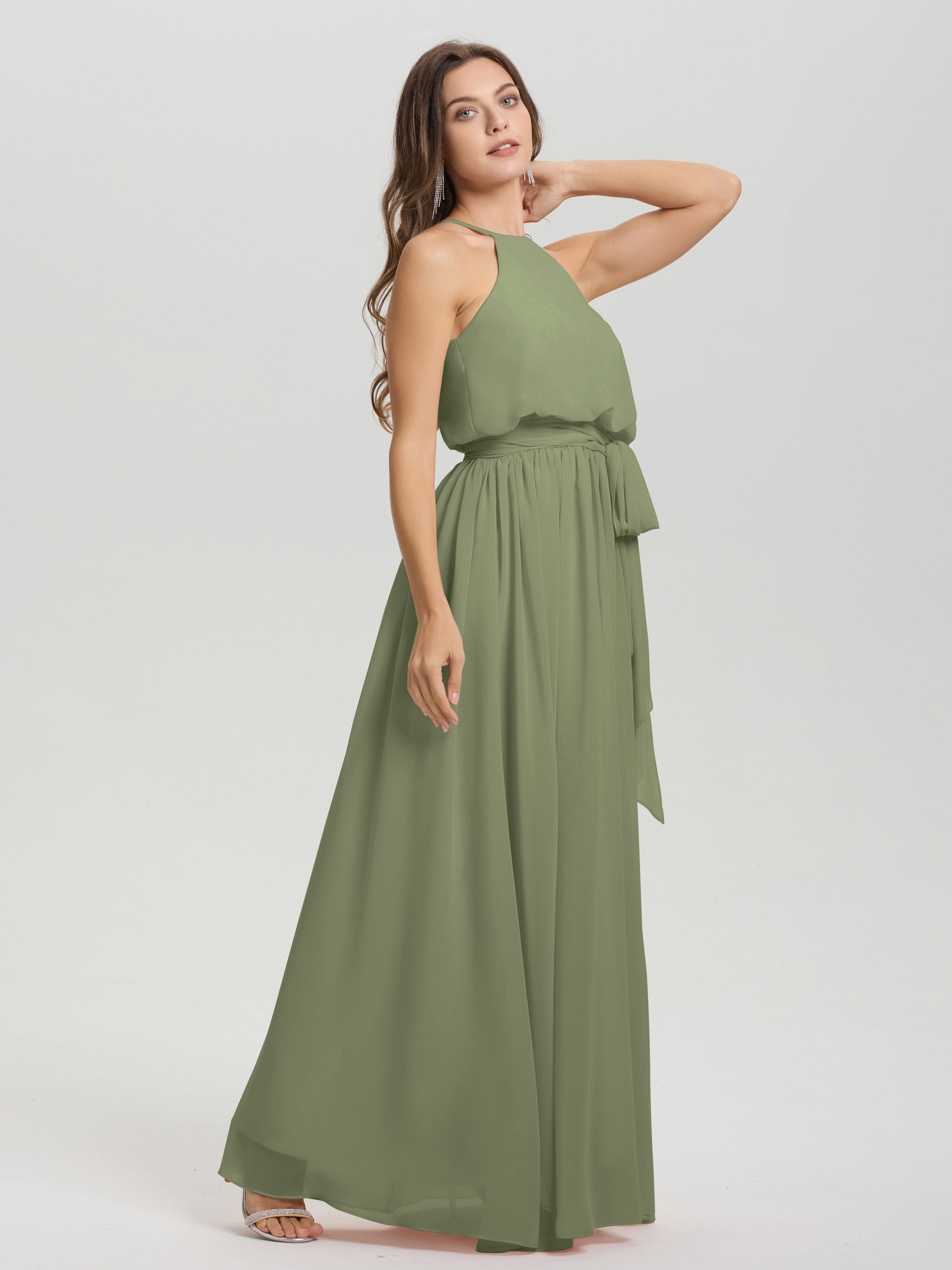 Robe Demoiselle D Honneur Vert Olive Licou Trapèze Mousseline Robe Demoiselle D'Honneur