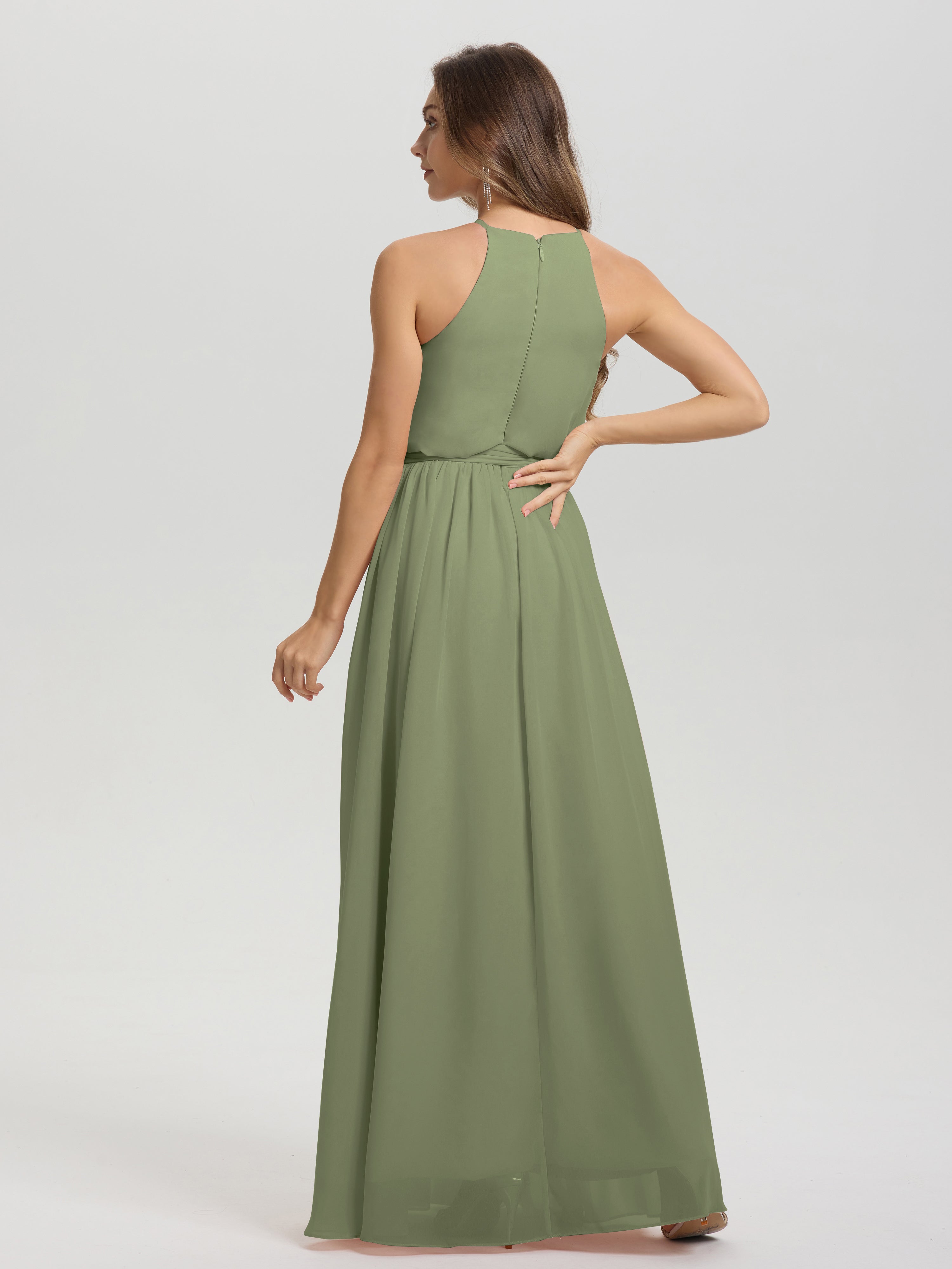 Robe Demoiselle D Honneur Vert Olive Licou Trapèze Mousseline Robe Demoiselle D'Honneur