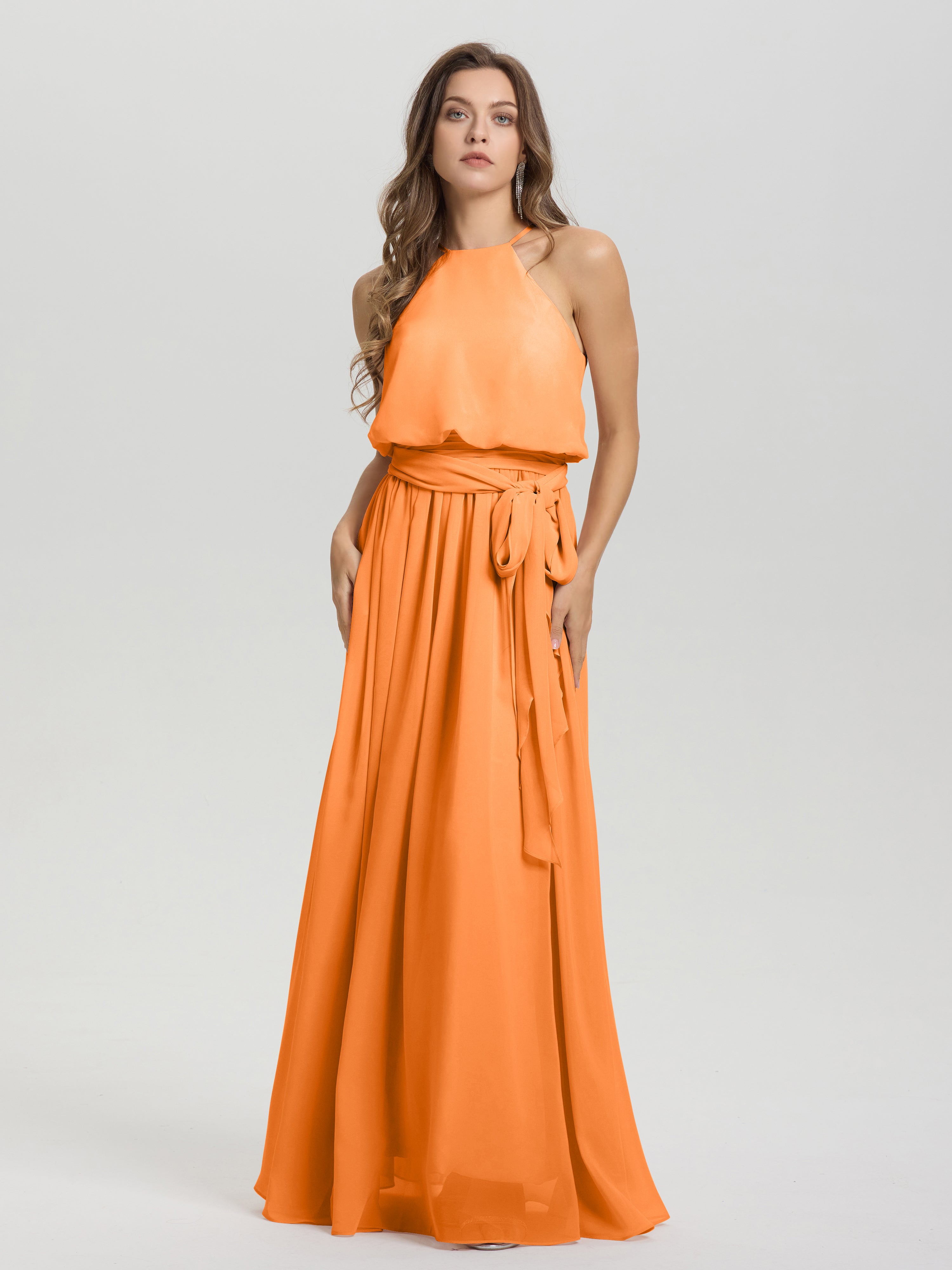 Robe Orange Demoiselle D Honneur Licou Trapèze Mousseline Robe Demoiselle D'Honneur