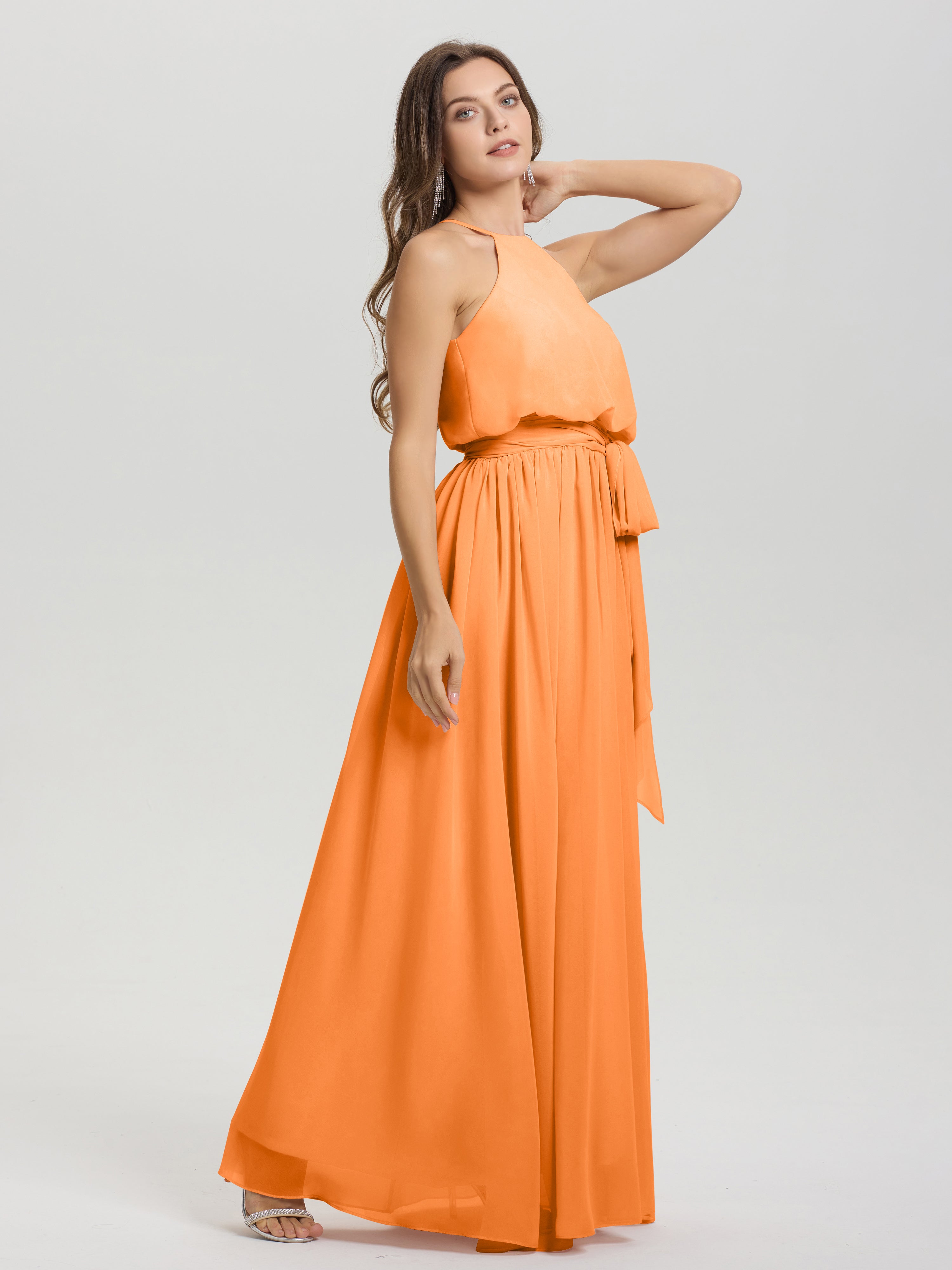 Robe Orange Demoiselle D Honneur Licou Trapèze Mousseline Robe Demoiselle D'Honneur