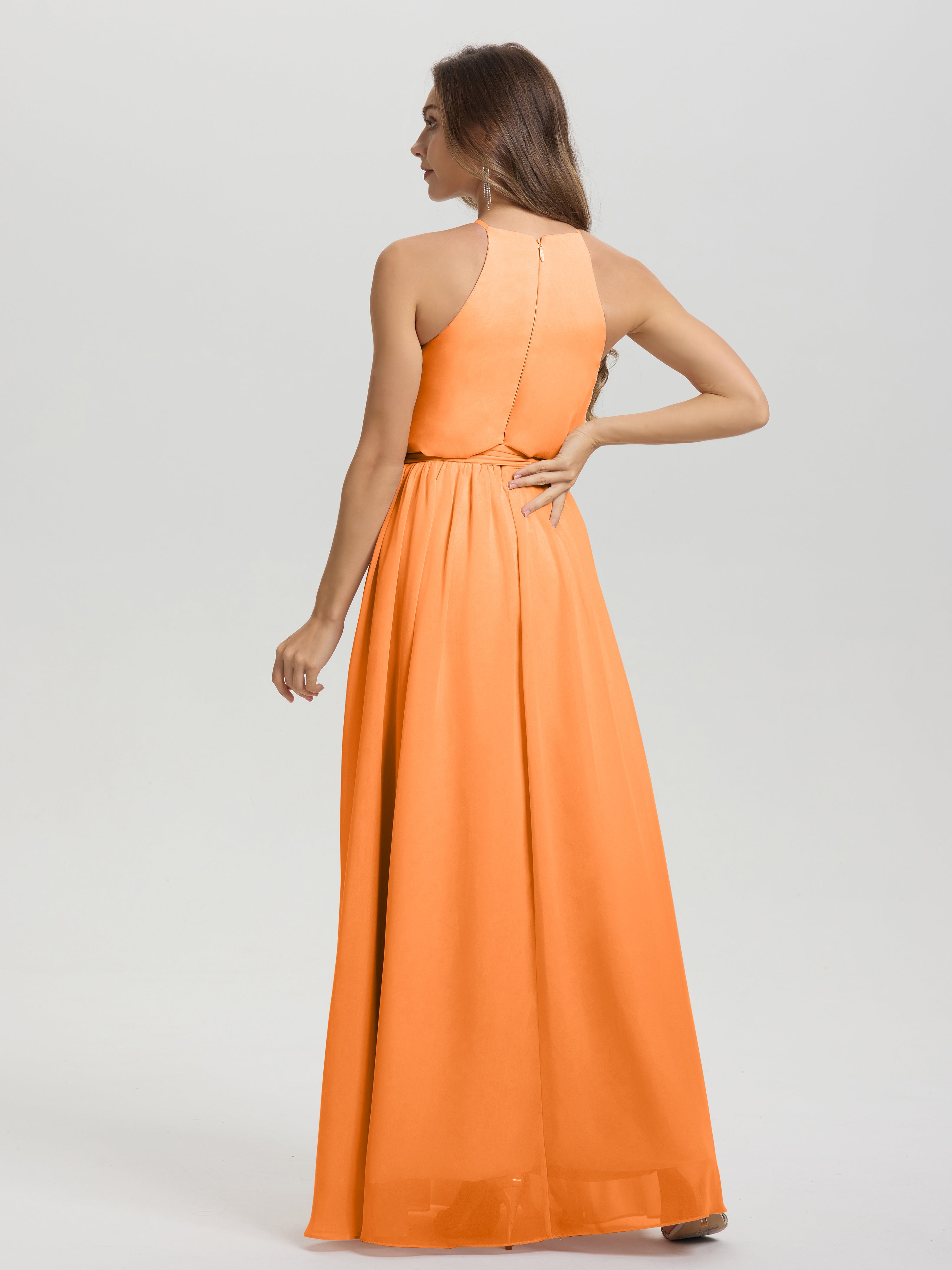 Robe Orange Demoiselle D Honneur Licou Trapèze Mousseline Robe Demoiselle D'Honneur