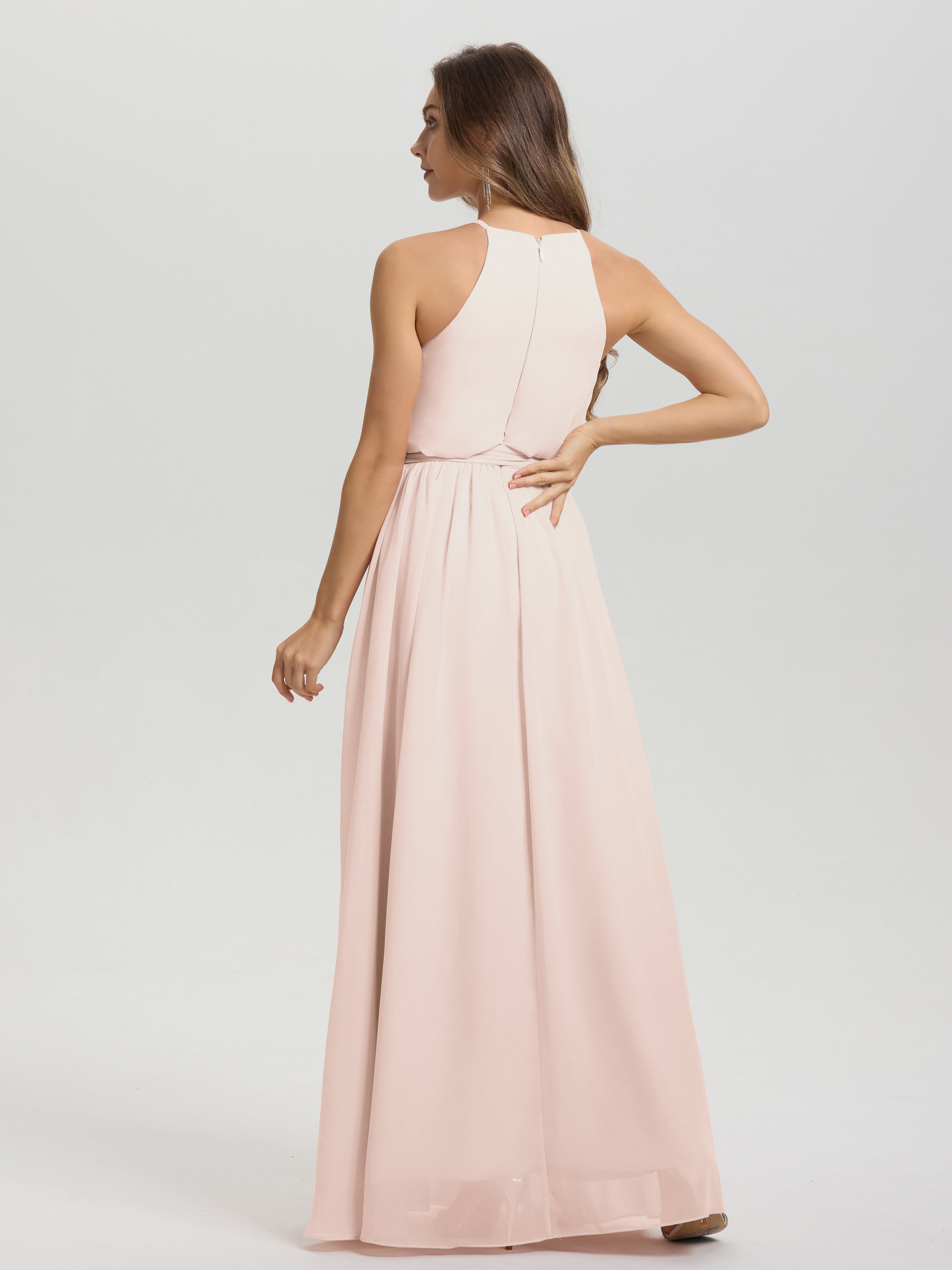 Robe Demoiselle D Honneur Rose Perle Licou Trapèze Mousseline Robe Demoiselle D'Honneur