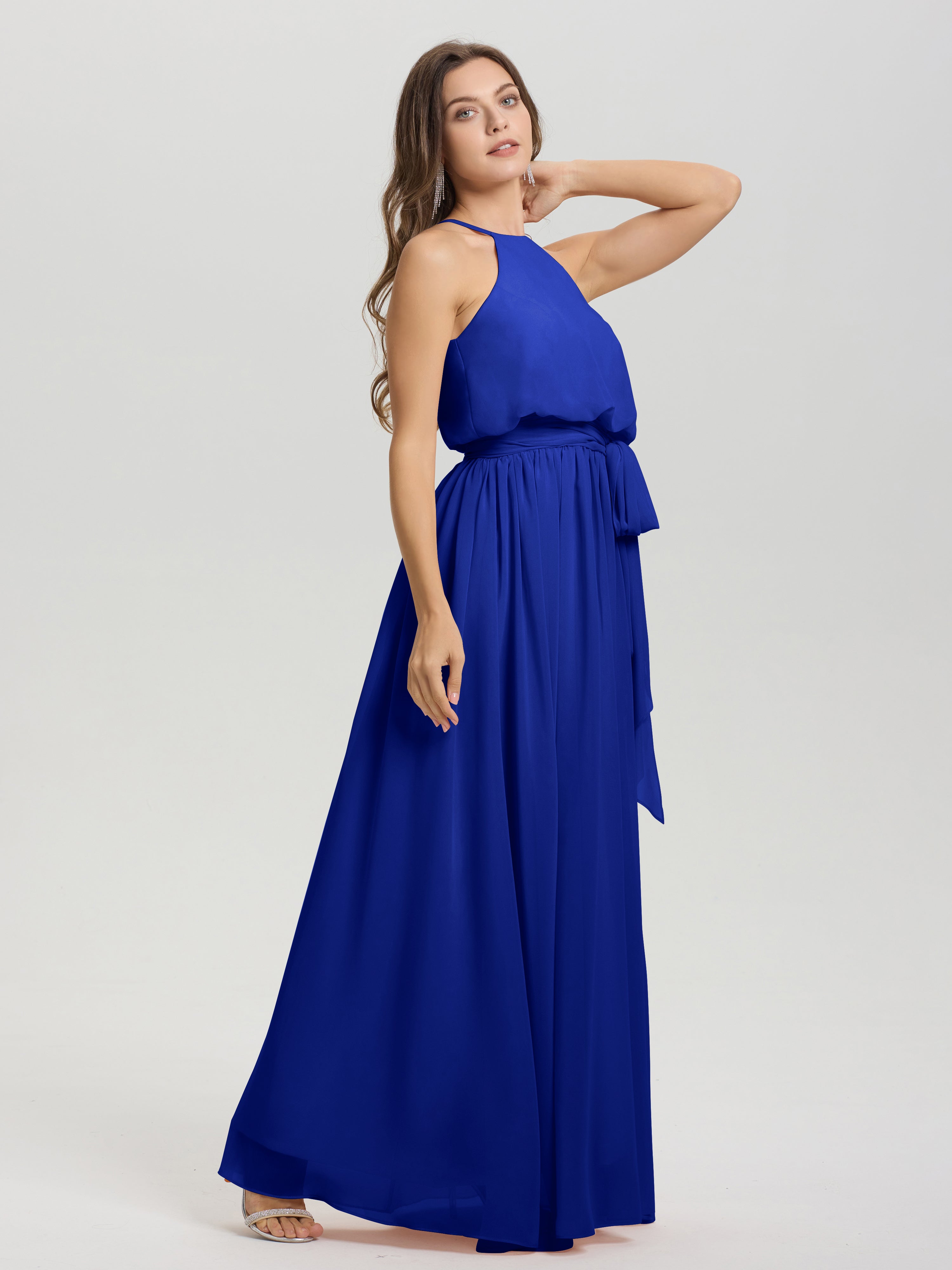 Robe Demoiselle D Honneur Bleu Roi Licou Trapèze Mousseline Robe Demoiselle D'Honneur