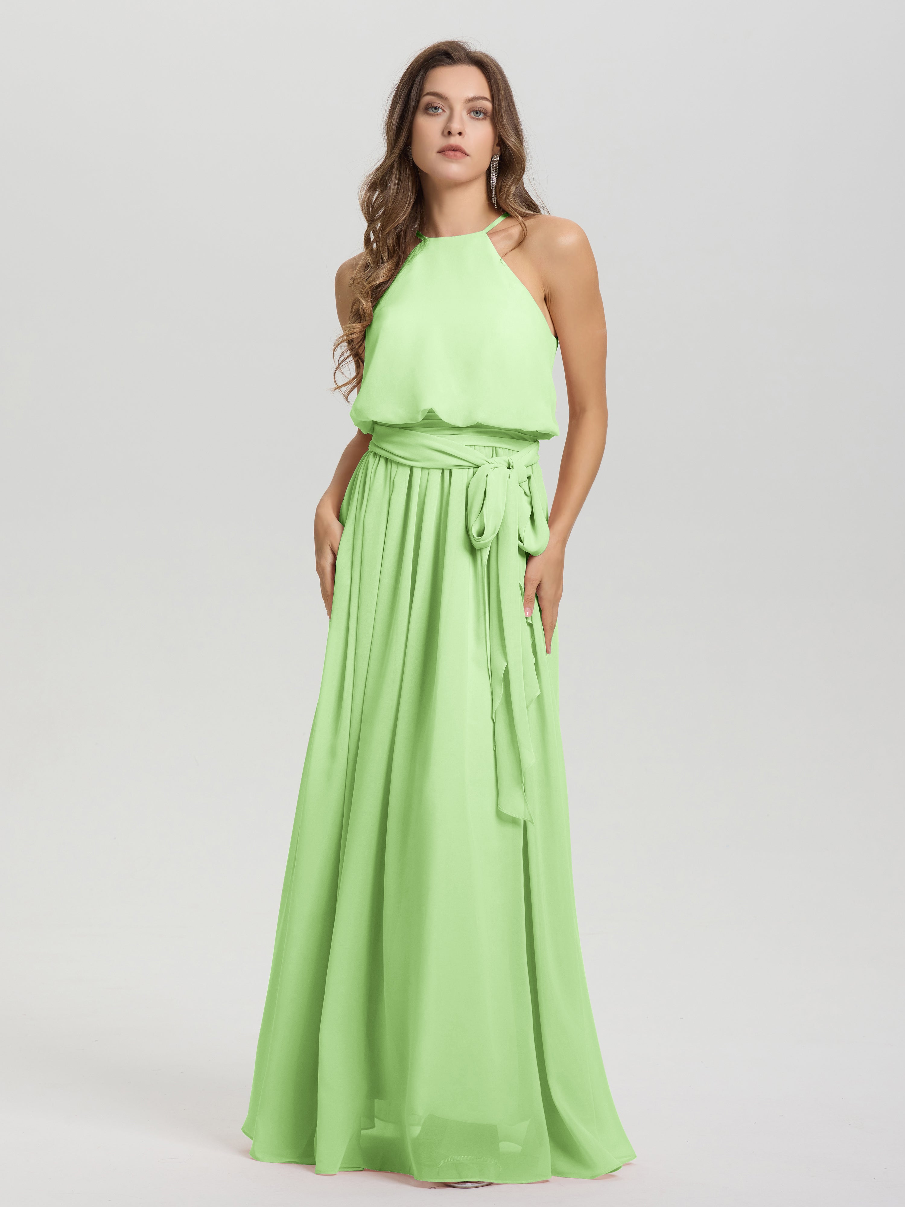 Demoiselle Robe Vert Sauge Licou Trapèze Mousseline Robe Demoiselle D'Honneur