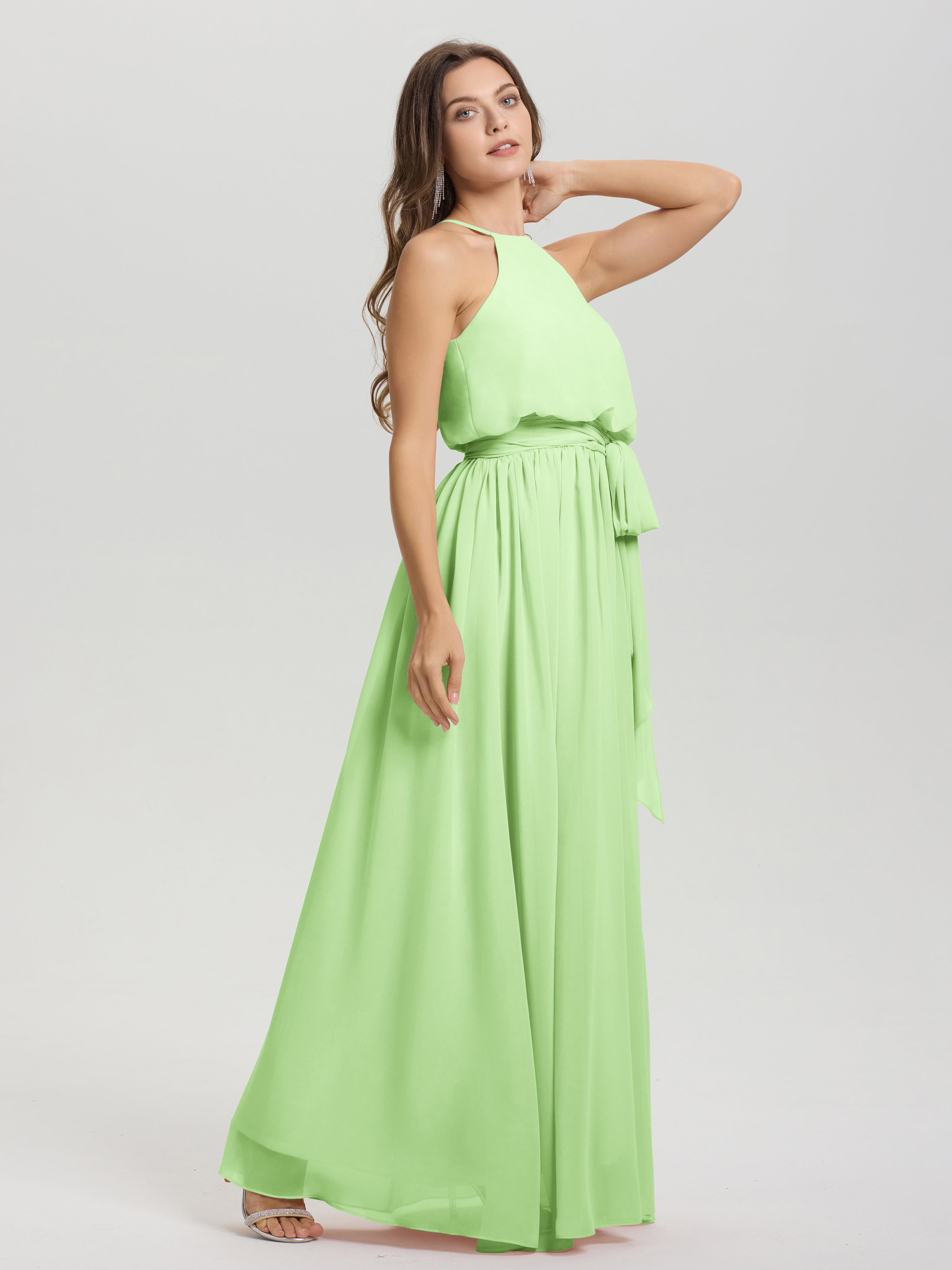 Demoiselle Robe Vert Sauge Licou Trapèze Mousseline Robe Demoiselle D'Honneur