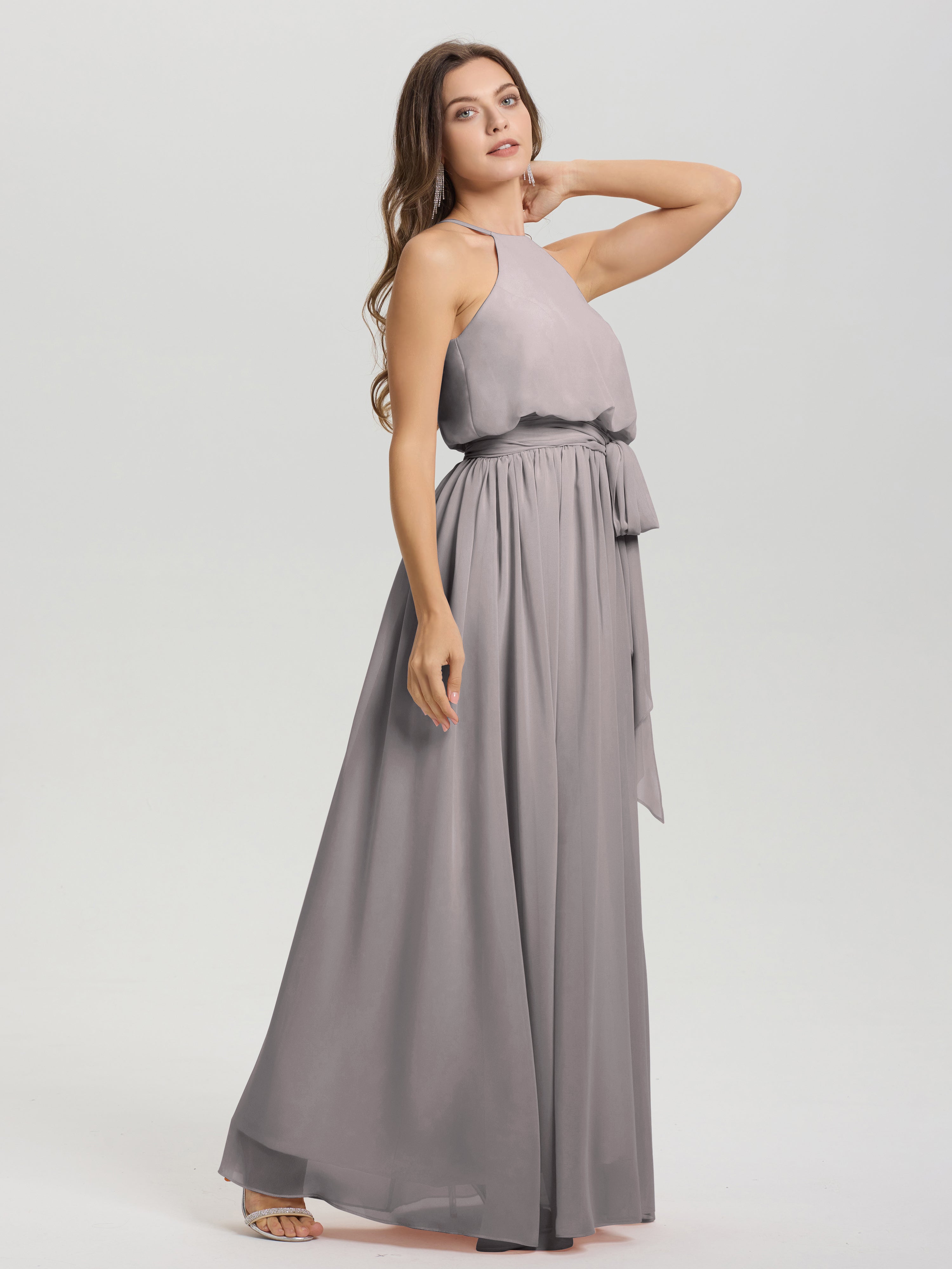 Robe Demoiselle D Honneur Argenté Licou Trapèze Mousseline Robe Demoiselle D'Honneur